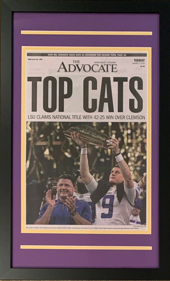 LSU Tigers 2019 Champion Advocate Original Framed Newspaper Top Cats Joe Burrow