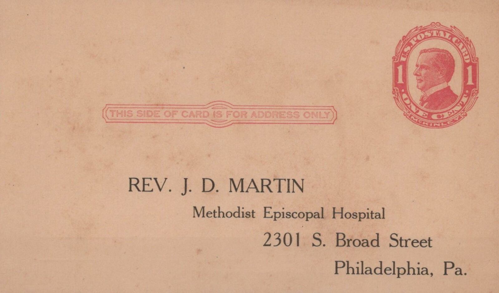 Postcard Rev JD Martin Methodist Episcopal;l Hospital Philadelphia PA