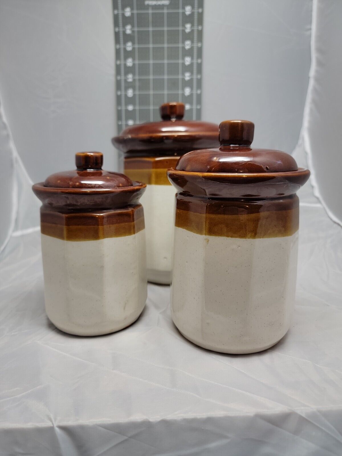 Vintage Stoneware tri-tone Brown/White Canisters jars w/lids, Set Of 3 Taiwan
