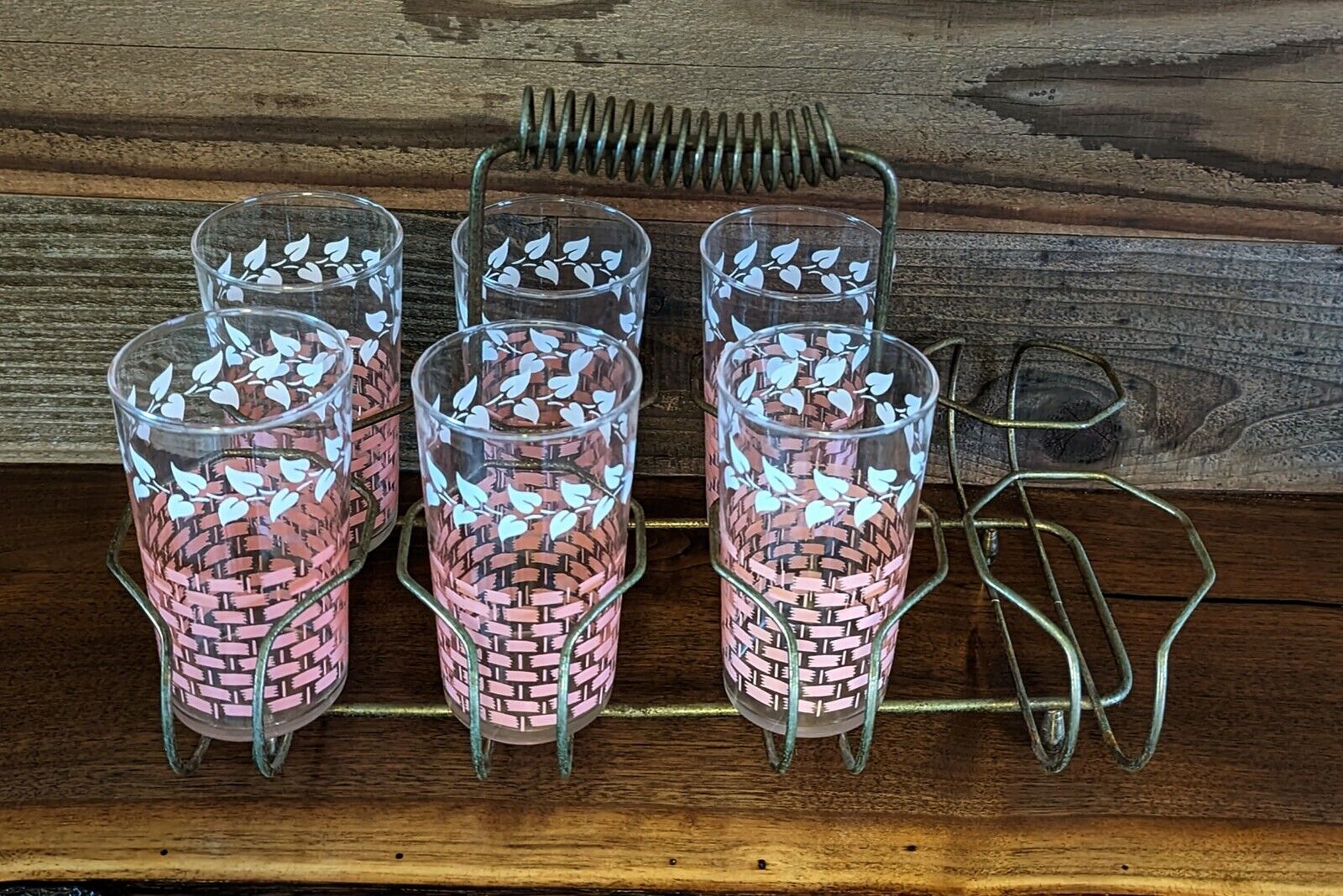 Vintage Federal Glass Set Pink White Basket Weave Vines Juice Tumblers In Holder