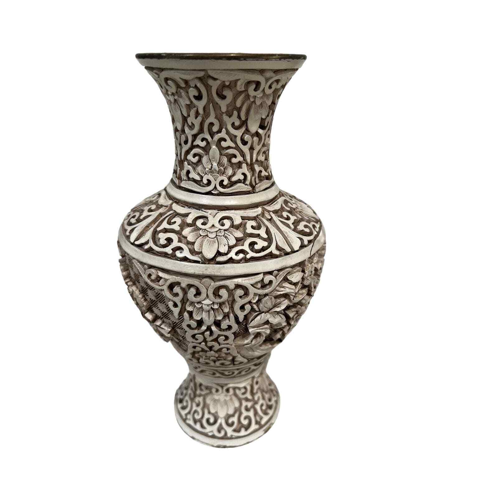 Ivory Dynasty Arnart Vase 1982 Carved Resin on Brass Floral Oriental Vintage