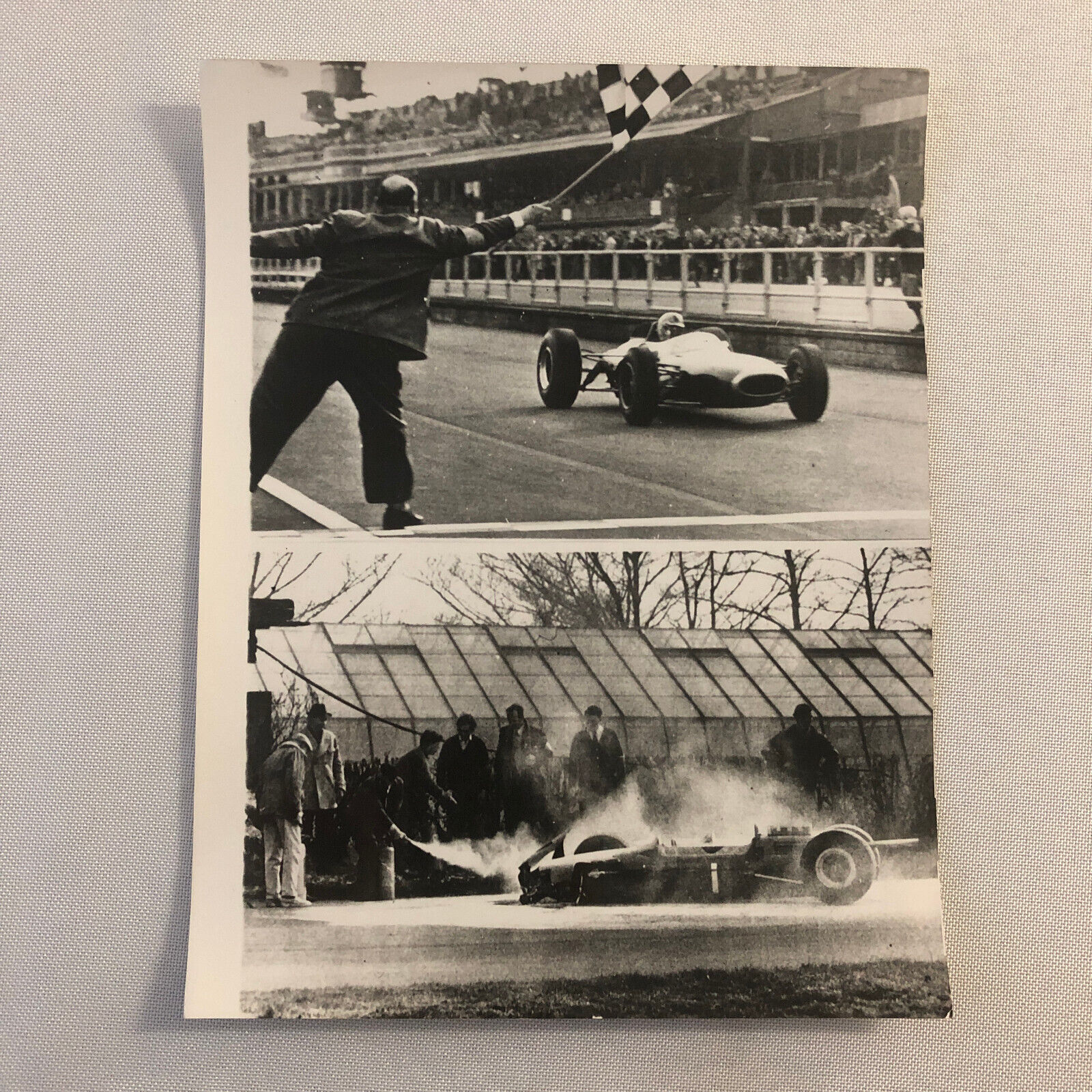 Vintage 1964 Racing Photo Jack Brabham Win and Jim Clark Crash Associated Press