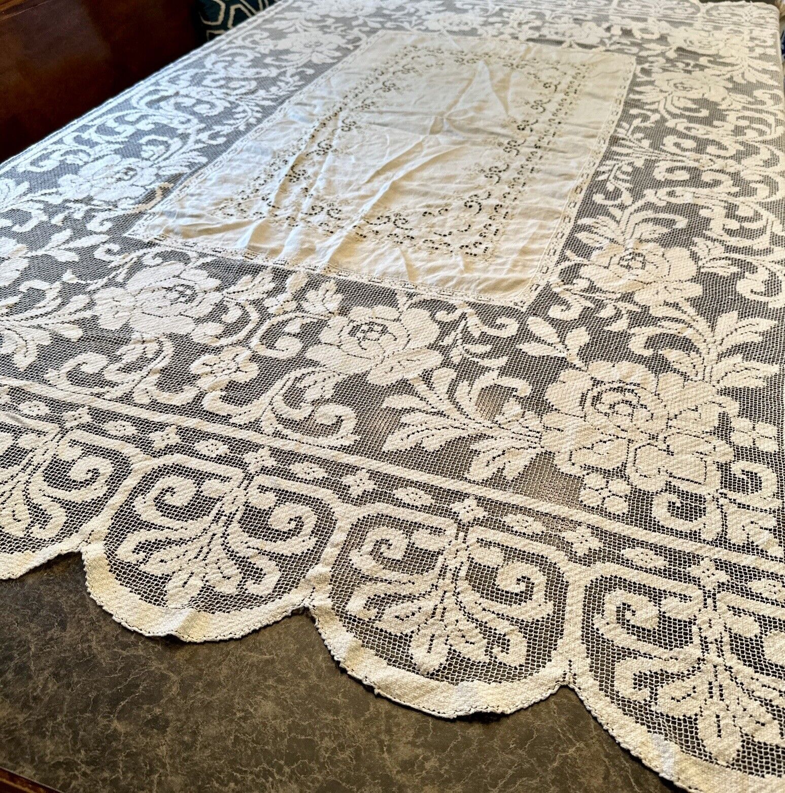 Beautiful Vintage Two Tone Lace Tablecloth  66x81”