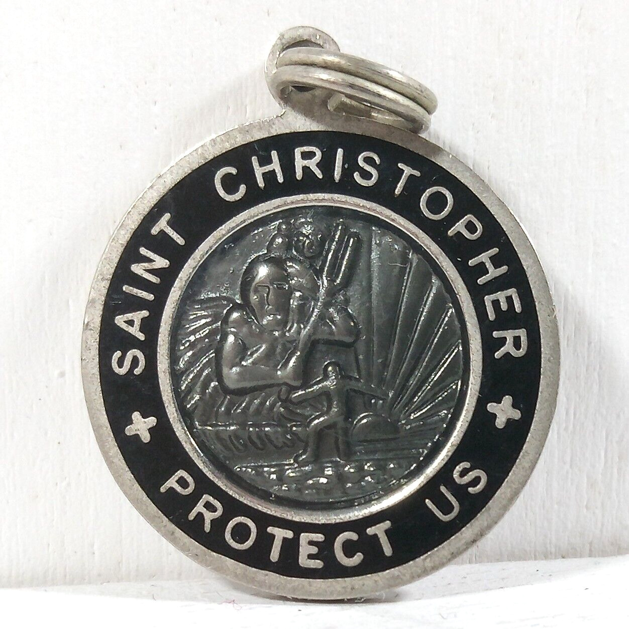 Vintage Black Enamel St Christopher Surfer Medal Pendant