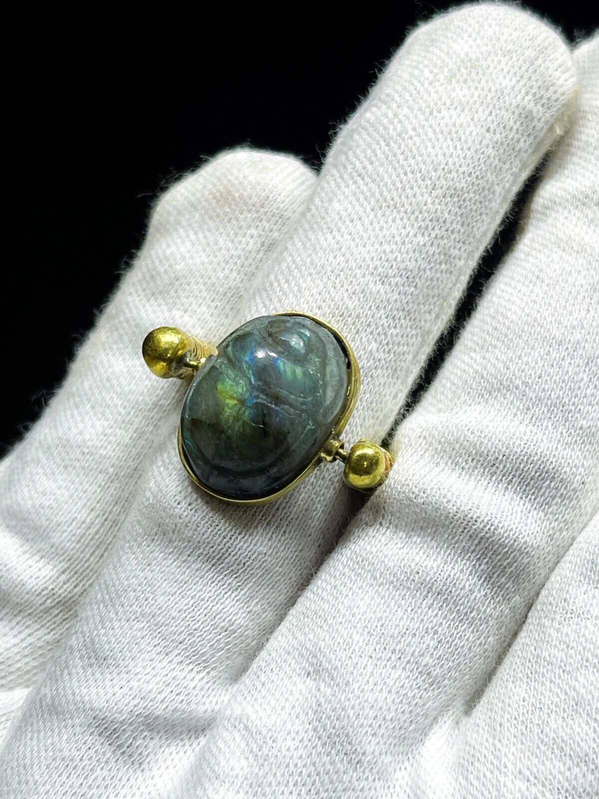 Egyptian Ring of Egyptian Scarab from labradorite stone ( symbol of good luck )