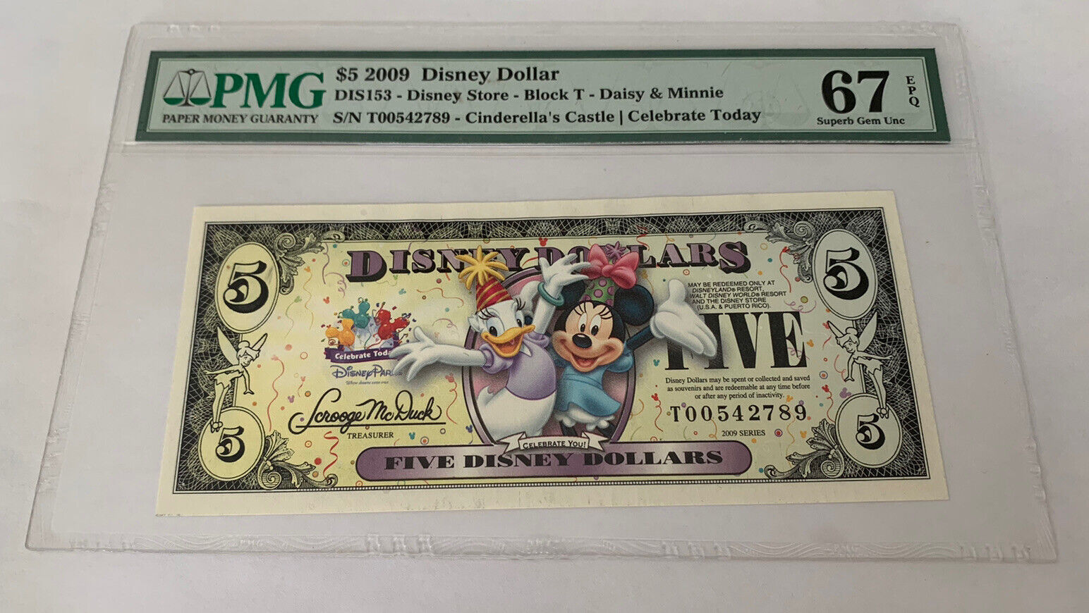 PMG-67 $5 2009 Disney Dollar Disney Store Block T Daisy & Minnie