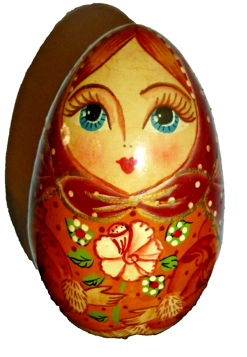 Vtg Russia USSR Ukraine Hand painted Lacquer Wood Egg 3.5” Doll Faux Matreshka