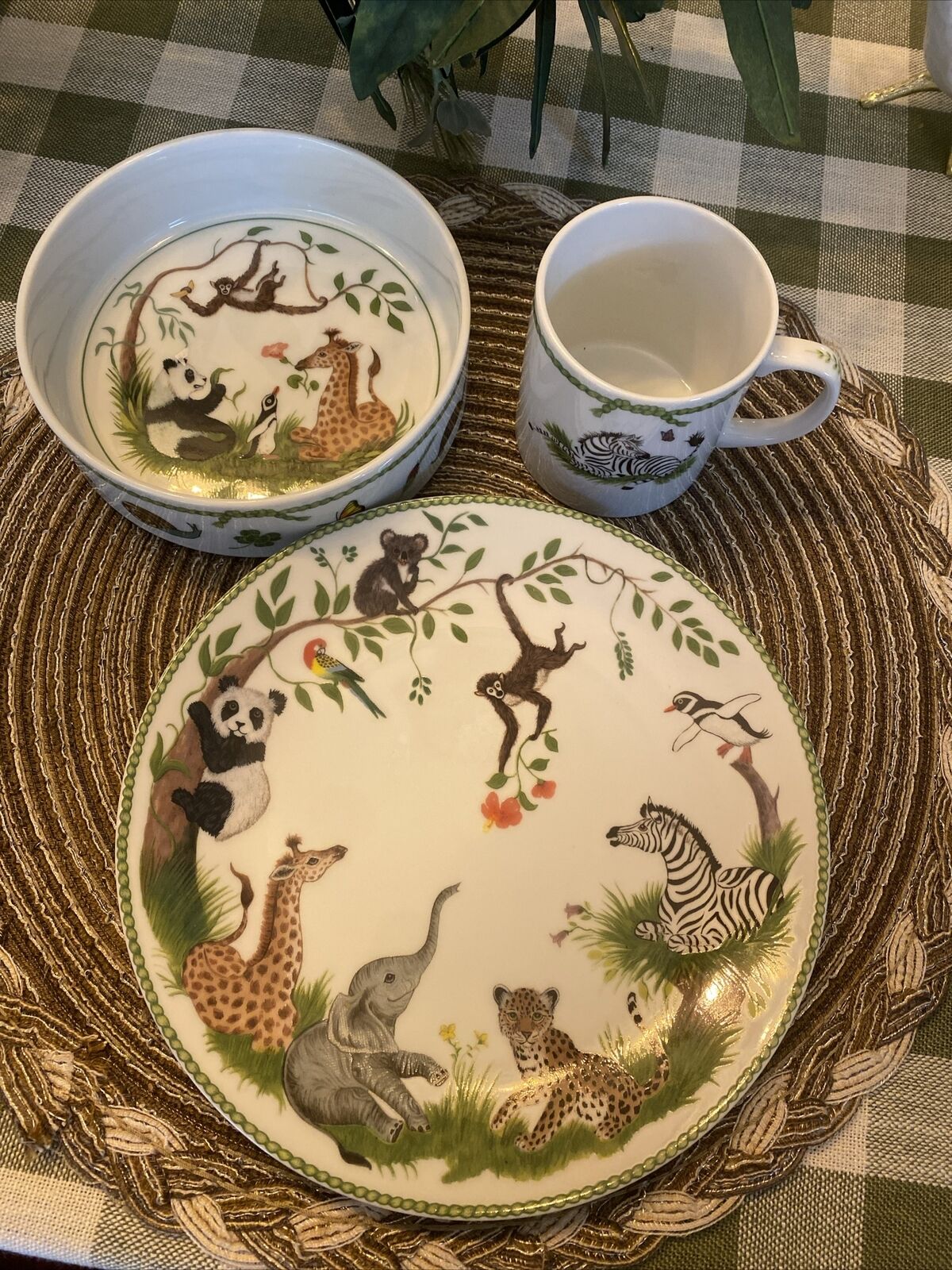 Vintage Lynn Chase Childs 3 Piece Jungle Party Baby Animals Set Plate Cup & Bowl