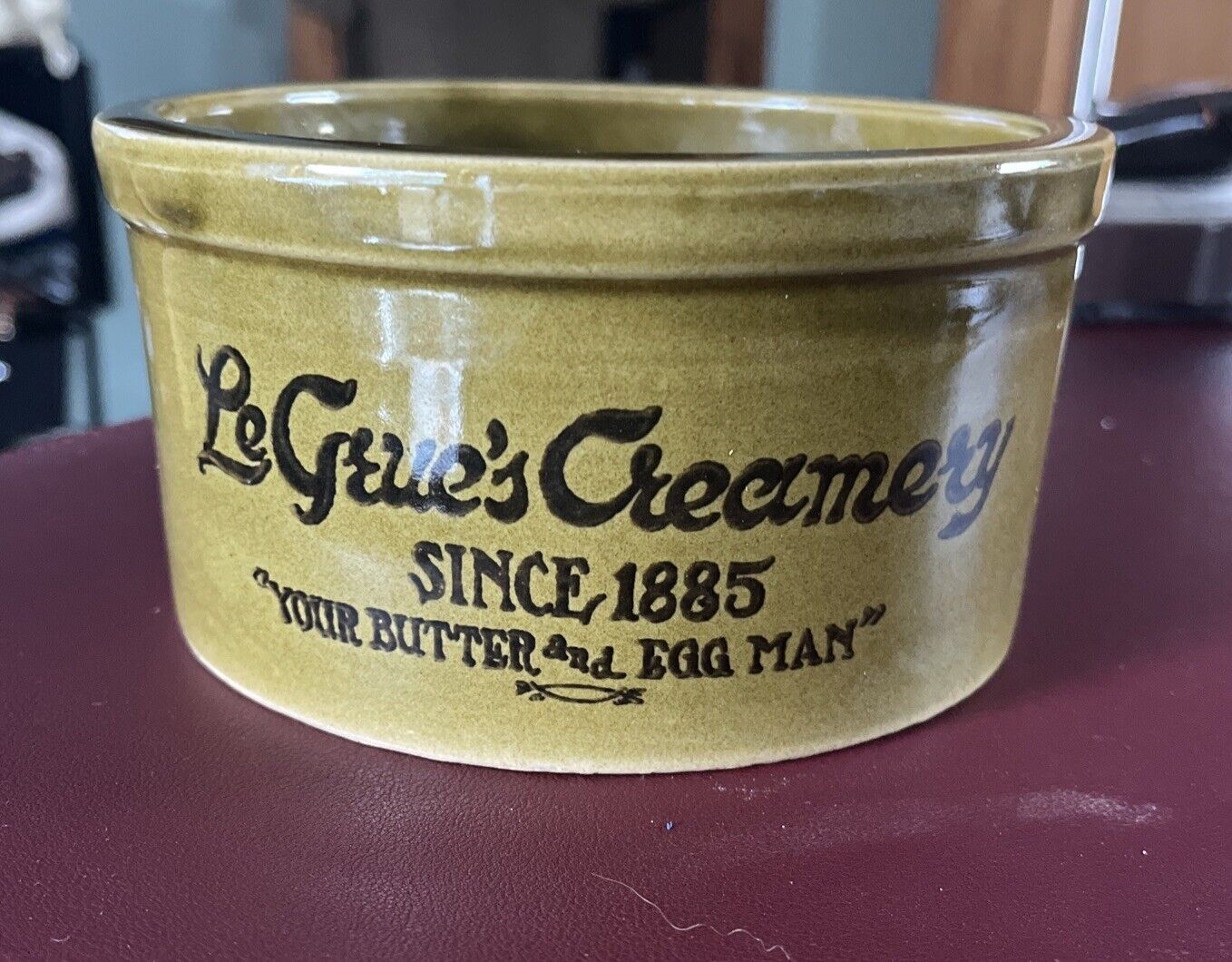 Le Grue\'s Vintage Stoneware Creamery  Butter & Egg Man Olive Green Crock