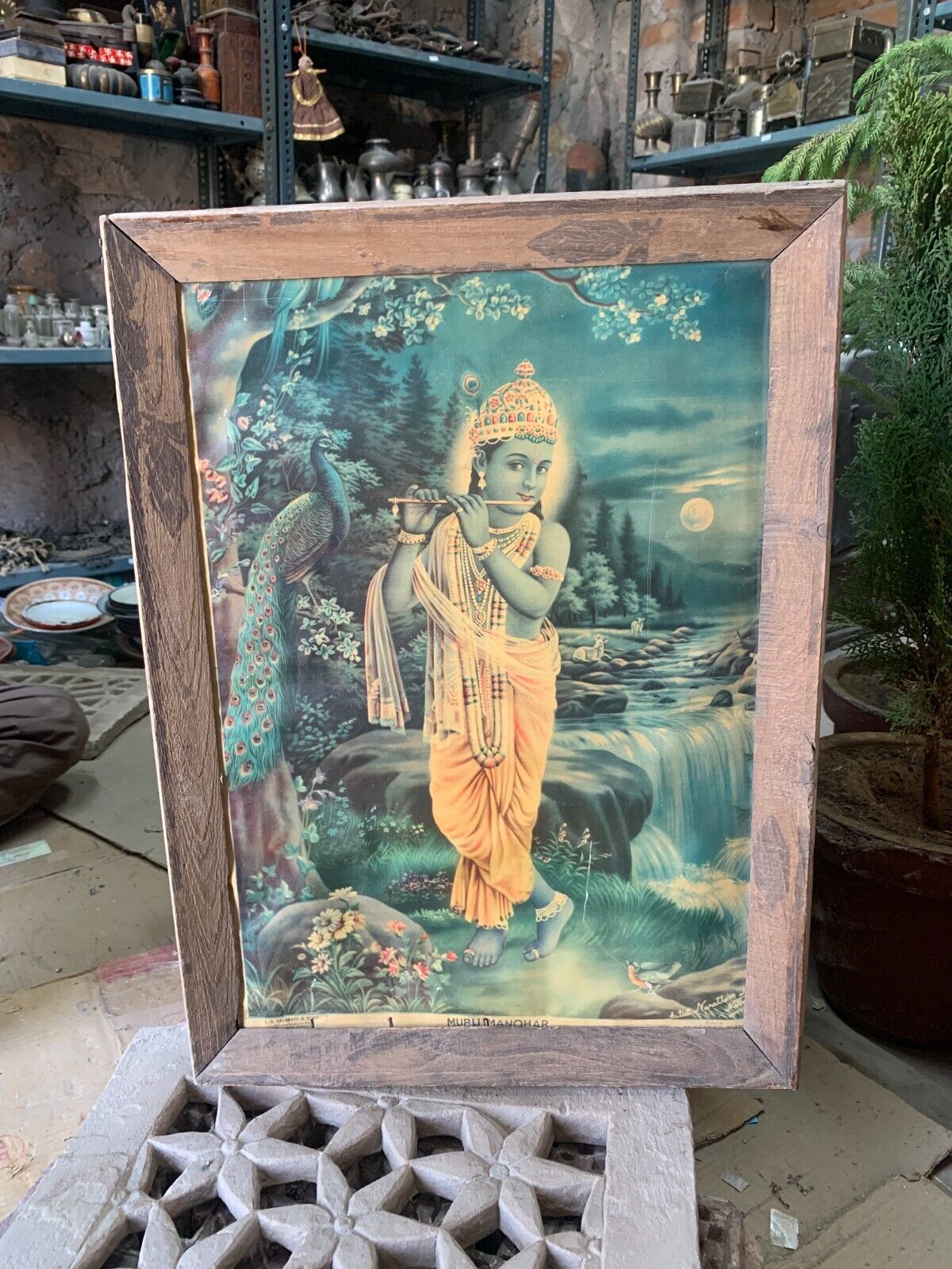 Vintage Lord Krishna Playing Flute Hindu Religious Old Lithograph Print Framed