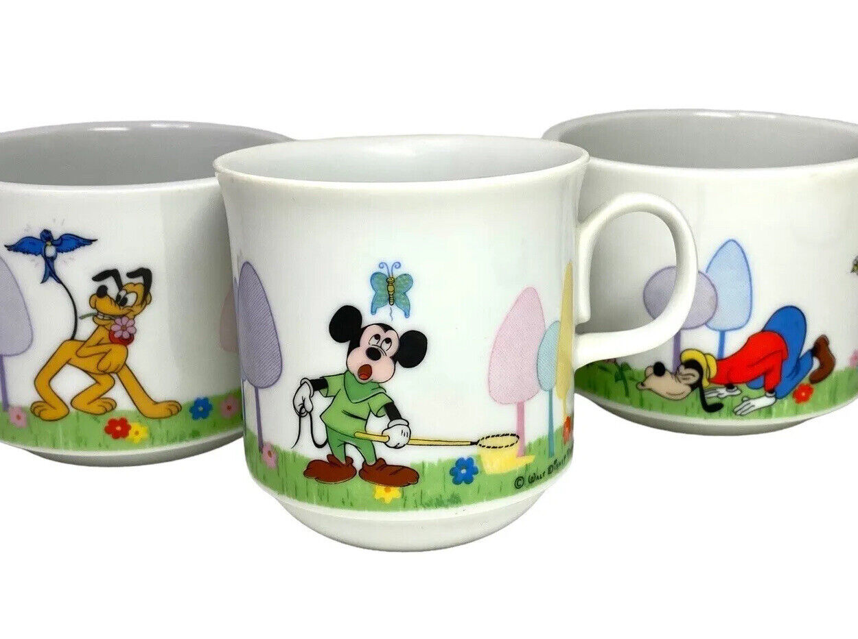 Vintage Walt Disney Mickey Pluto Goofy Ceramic Coffee Mug Tea Cup Set Of 3