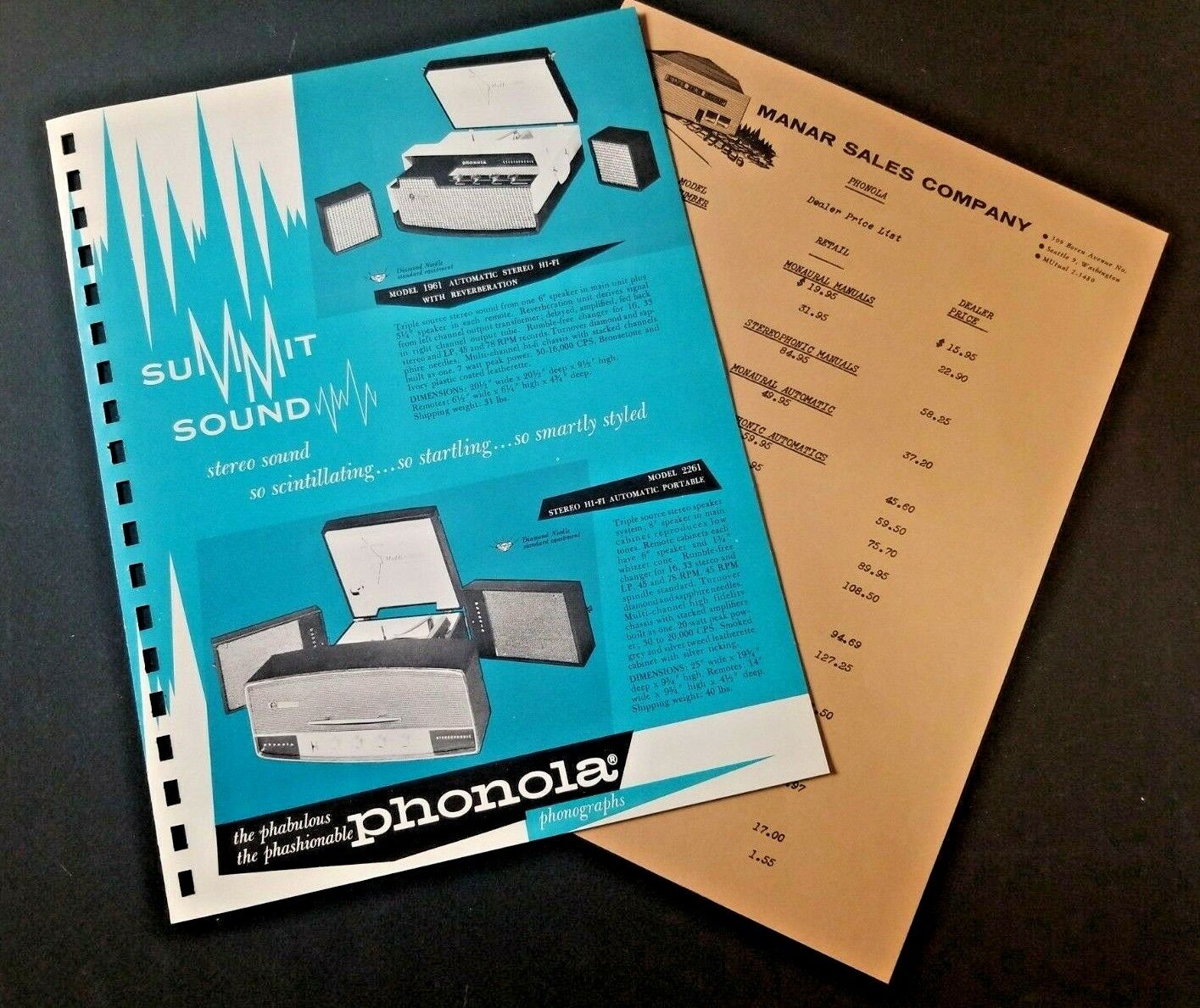 Vintage PHONOLA  Phonograph Summit Sound Stereo 1962 Pages Manar Sales Catalog