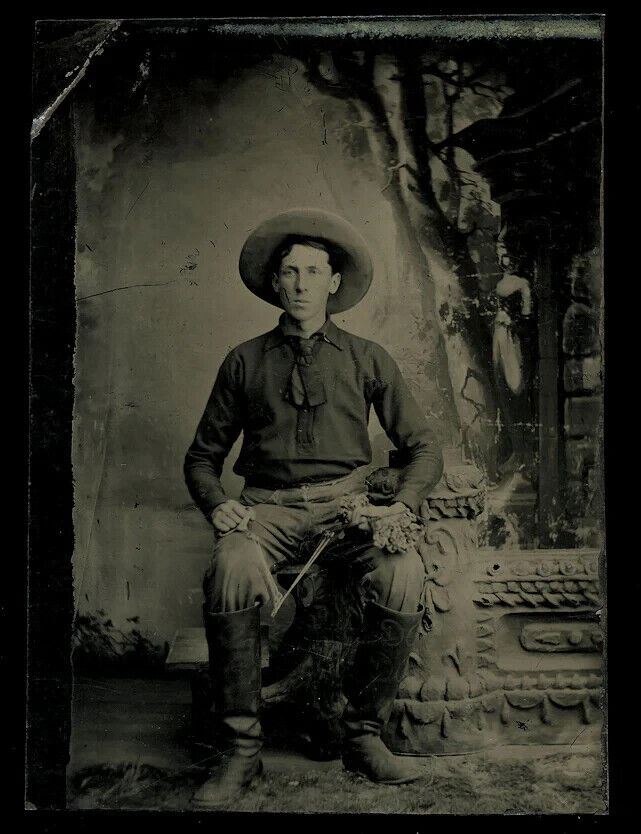 Rare Tintype of Western Cowboy Holding a Surveyor Chain 1800s Occupational Photo
