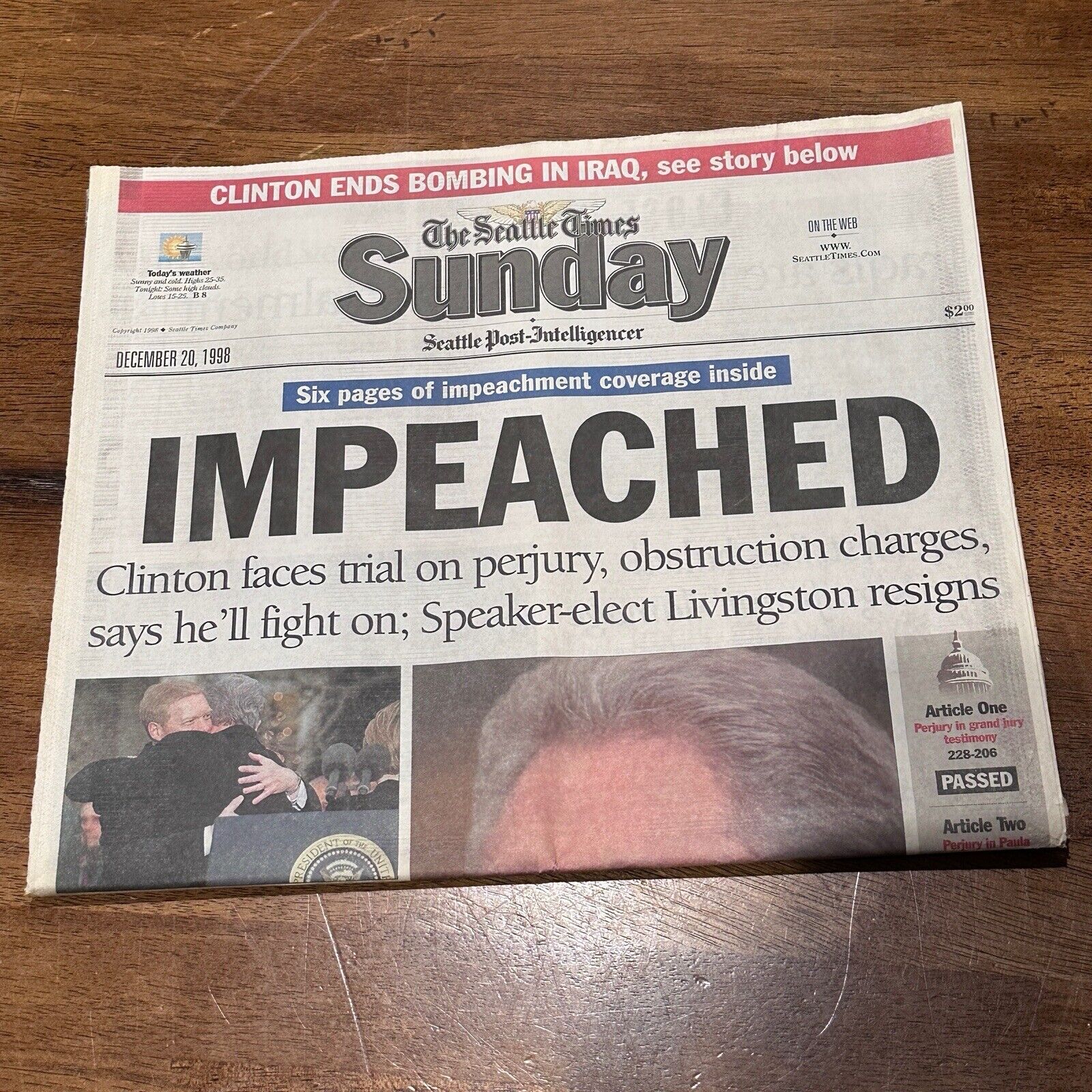 Seattle Times Clinton Impeached December 30 1998 Post Intelligencer Newspaper A
