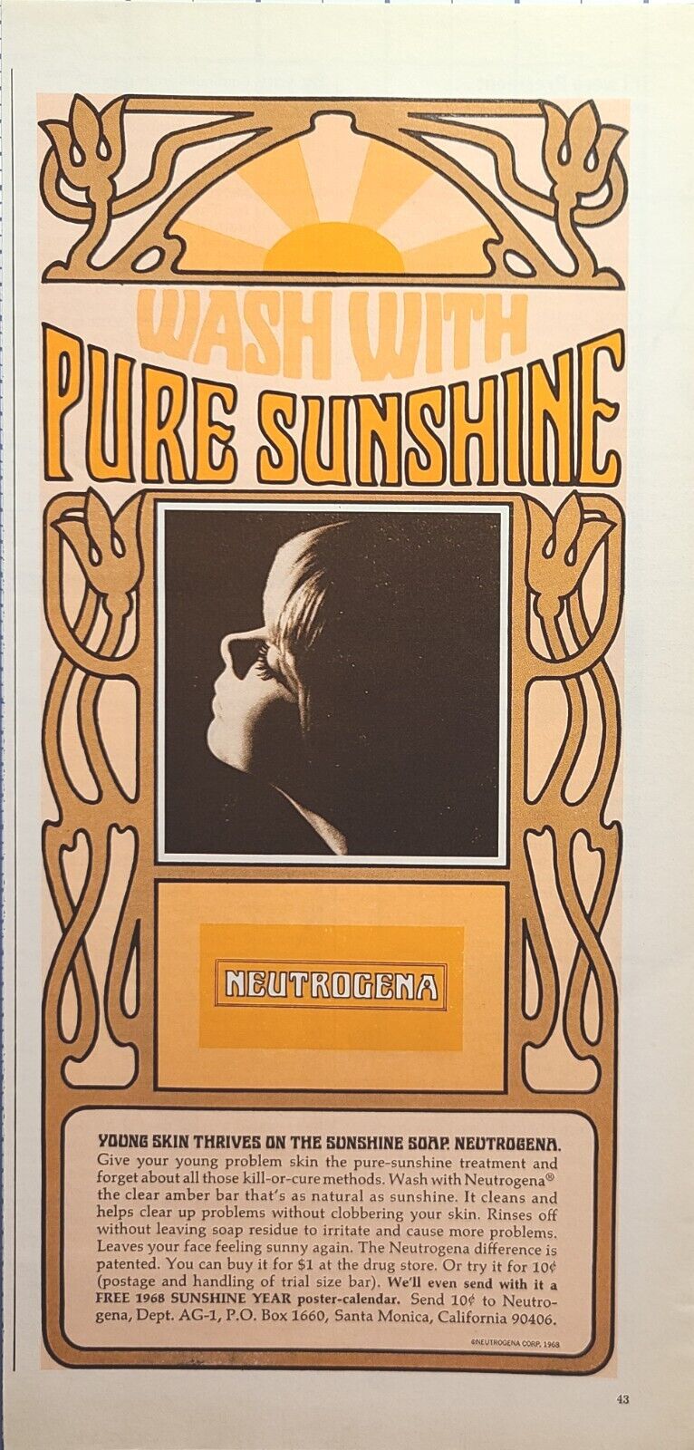 Neutrogena Santa Monica CA Young Skin Sunshine Soap Girl Vintage Print Ad 1968
