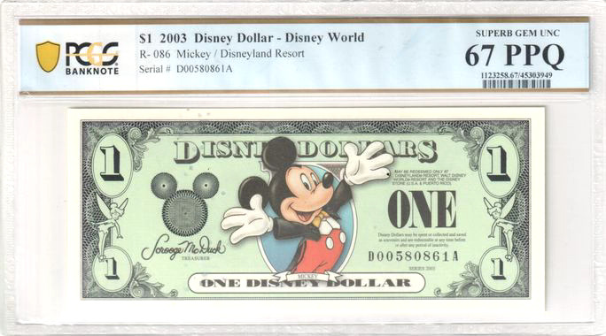 2003 $1 Disney Dollar Mickey DISNEYLAND RESORT PCGS SUPERB GEM UNC 67 PPQ *****