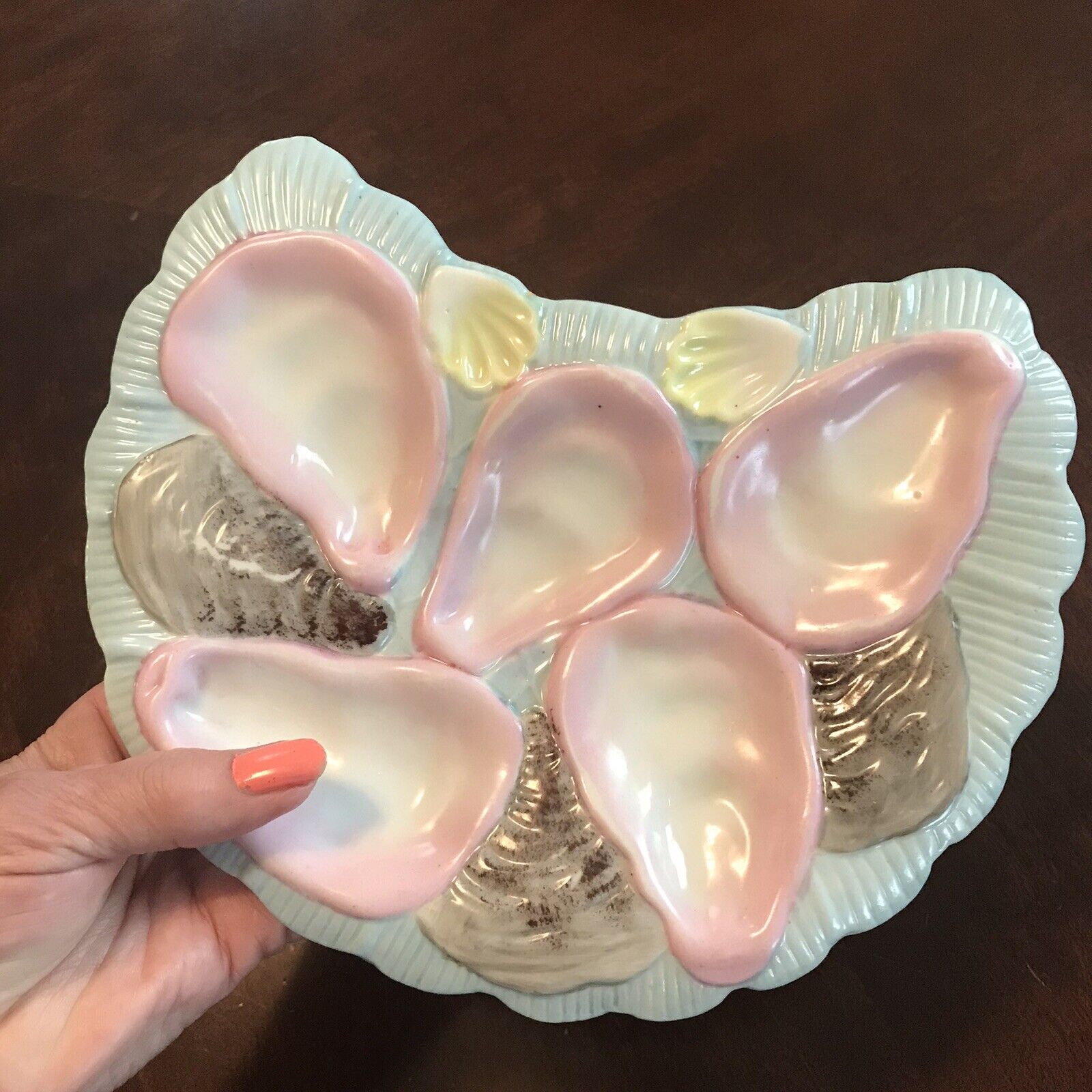 Antique Crescent Shaped Oyster Plate Five Wells