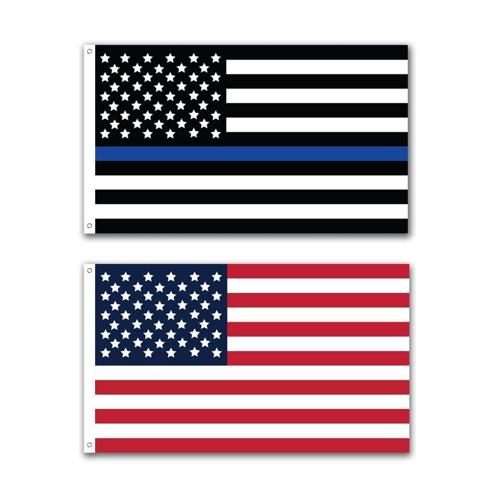2 Pack Police Thin Blue Line and U.S. American Flag 12x18 inch Boat w/ Grommets 