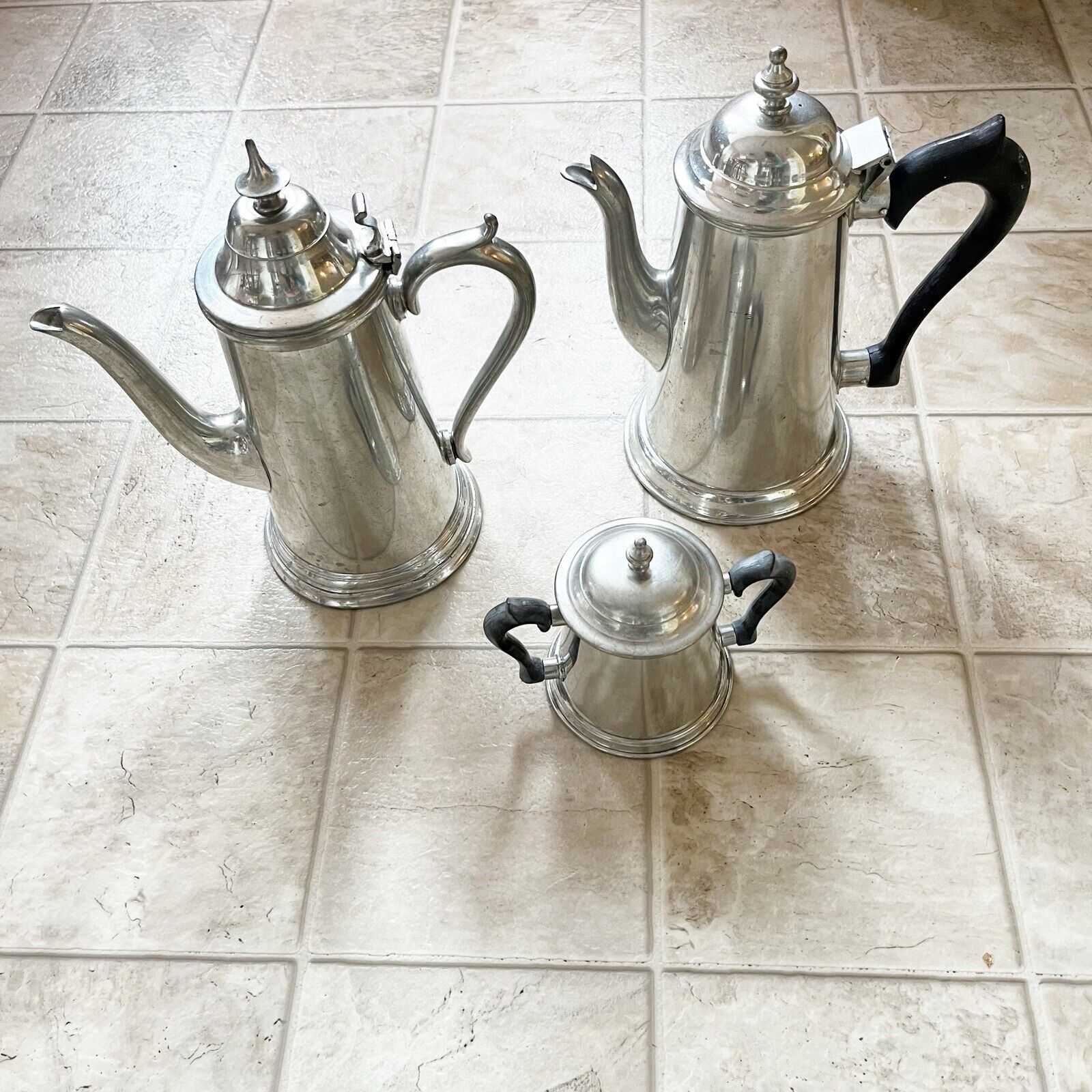 Vintage Stieff Pewter Tea Pot, Coffee, Creamer Holder Pourer Set Of 3