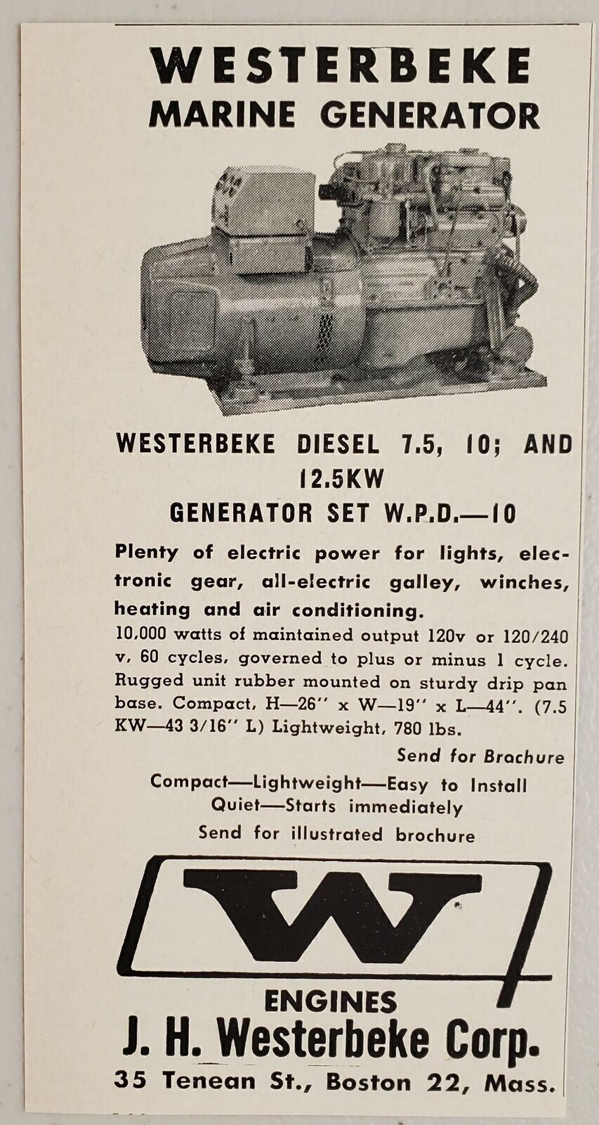 1963 Print Ad Westerbeke Diesel Marine Generator Boston,Massachusetts