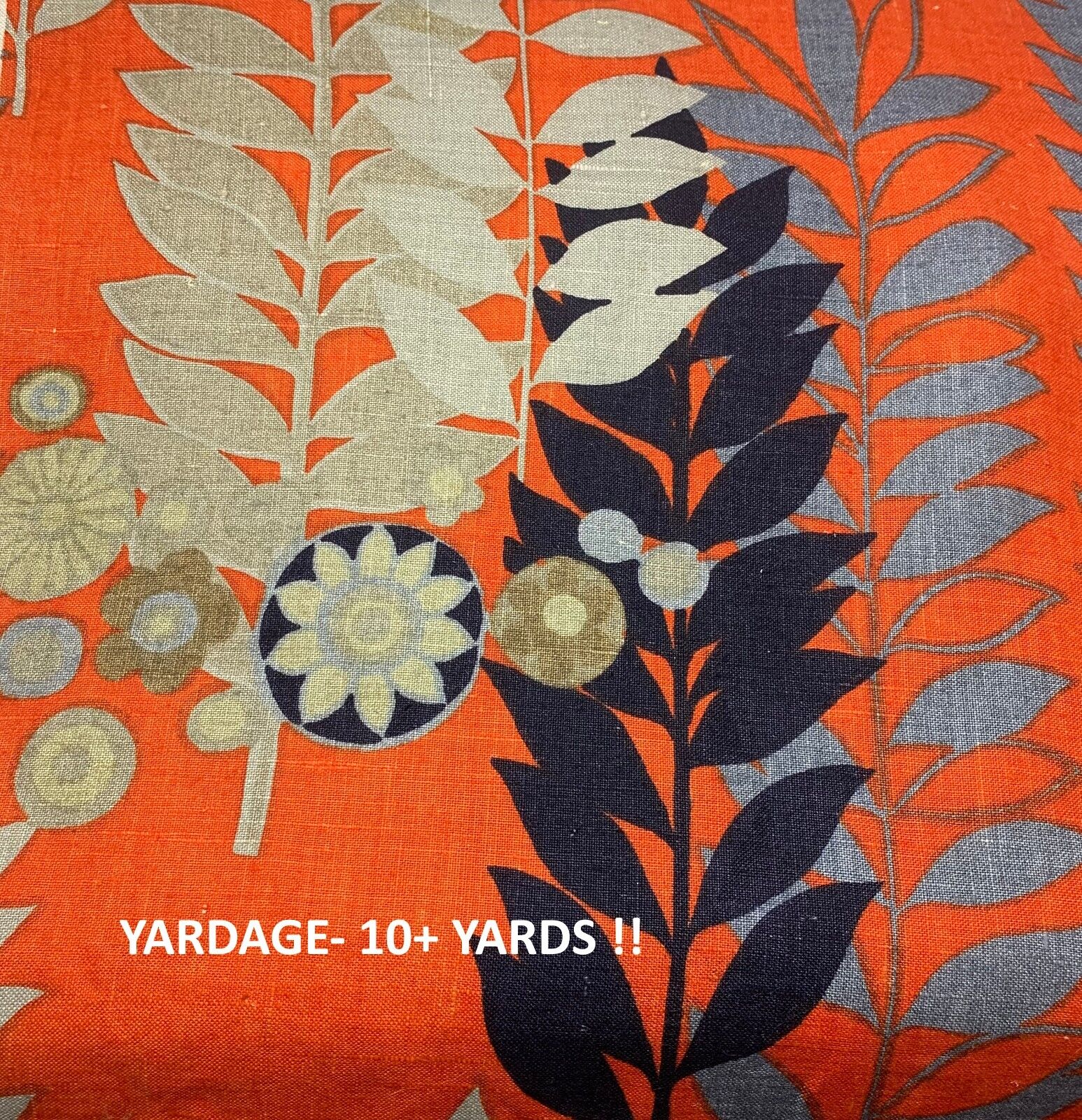Vtg Mid-Century Modern Abstract Botanical Print Linen Barkcloth Fabric 10+ Yards