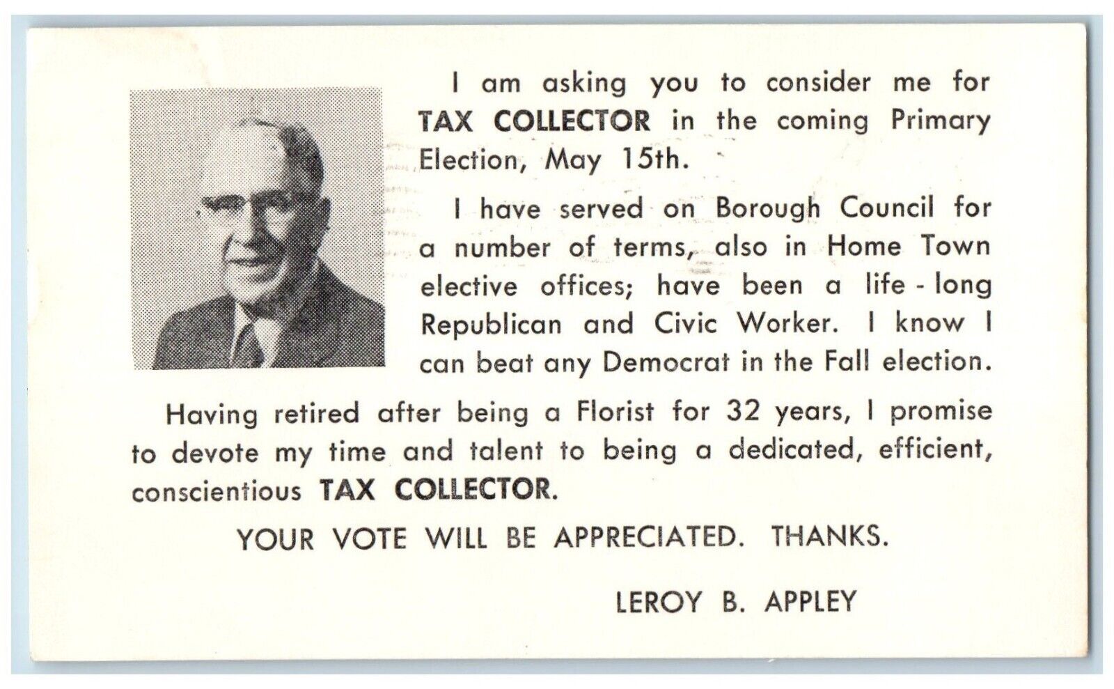 1973 Tax Collector Leroy Appley Primary Election Political Advertising Postcard