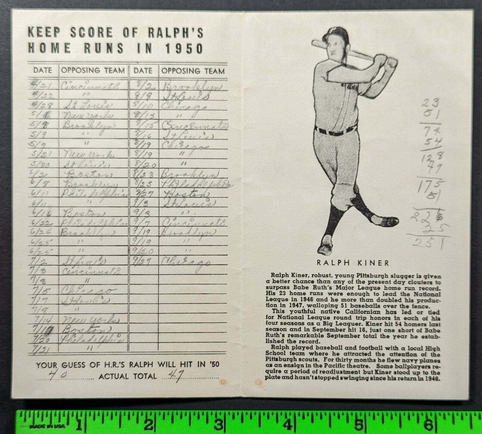 Vintage 1950 Ralph Kiner Baseball Homerun Score Card