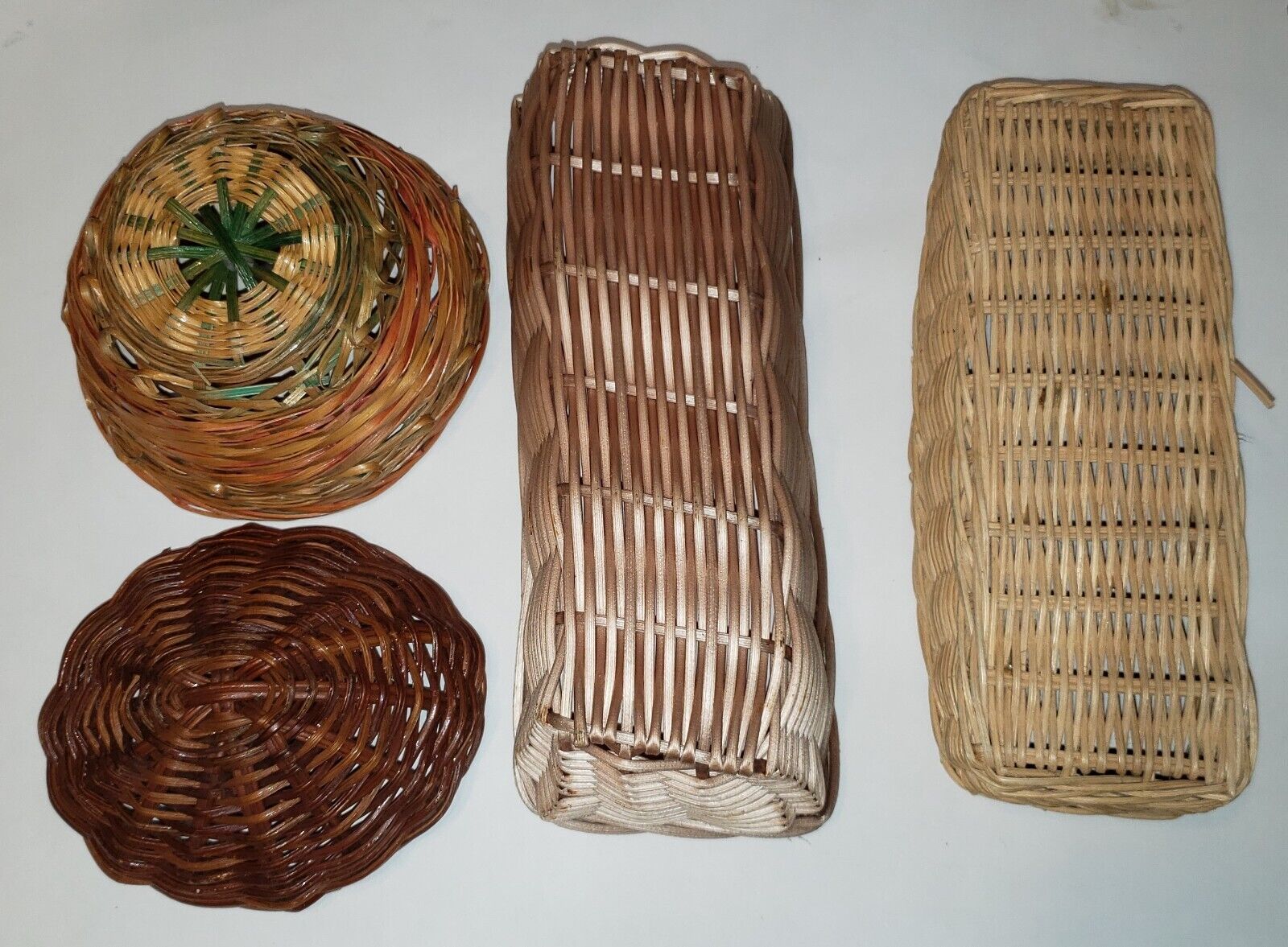 Lot of 4 Medium Vintage Woven Wicker Storage Baskets Various Sizes & Shapes