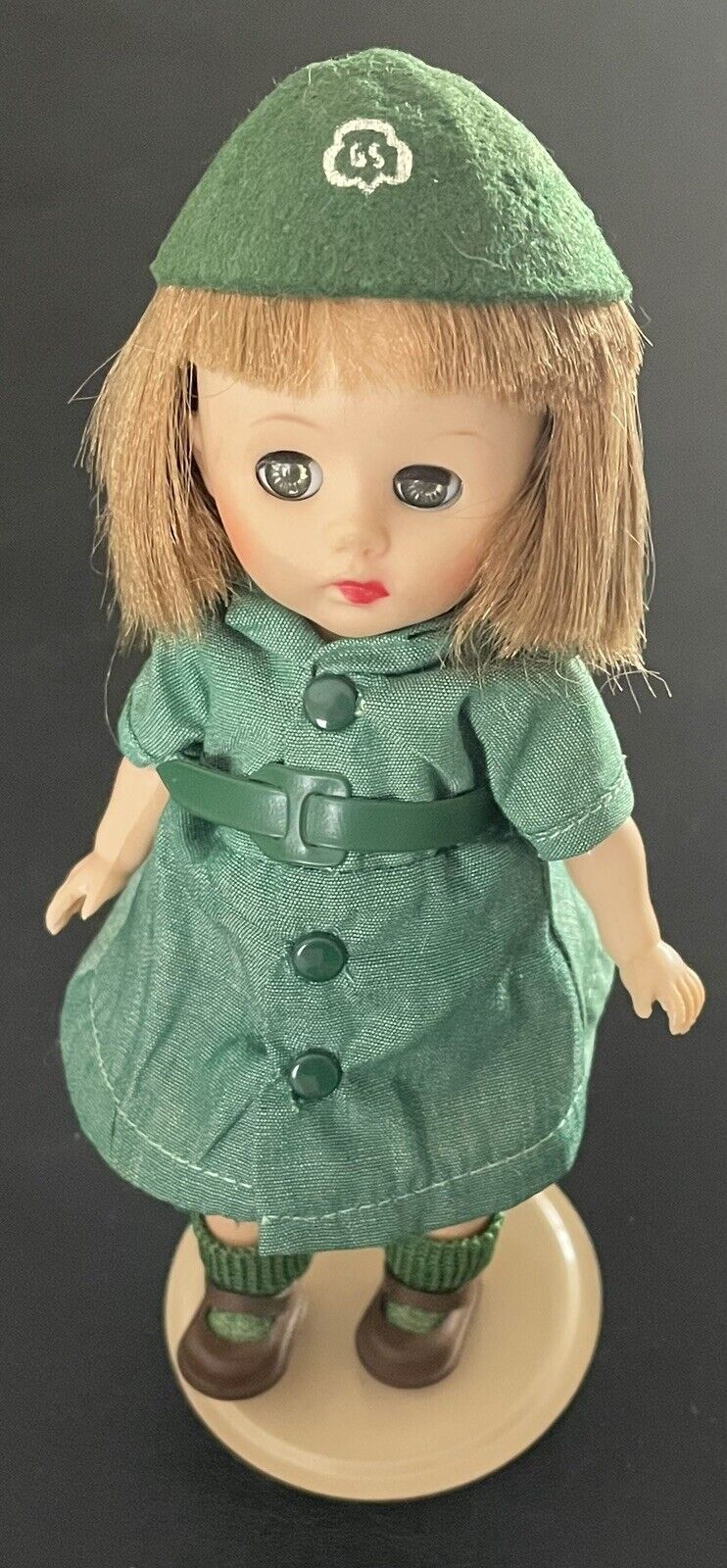 Vintage 1961 UNEEDA 8”GIRL SCOUT DOLL-COMPLETE UNIFORM-HARD PLASTIC-STAND