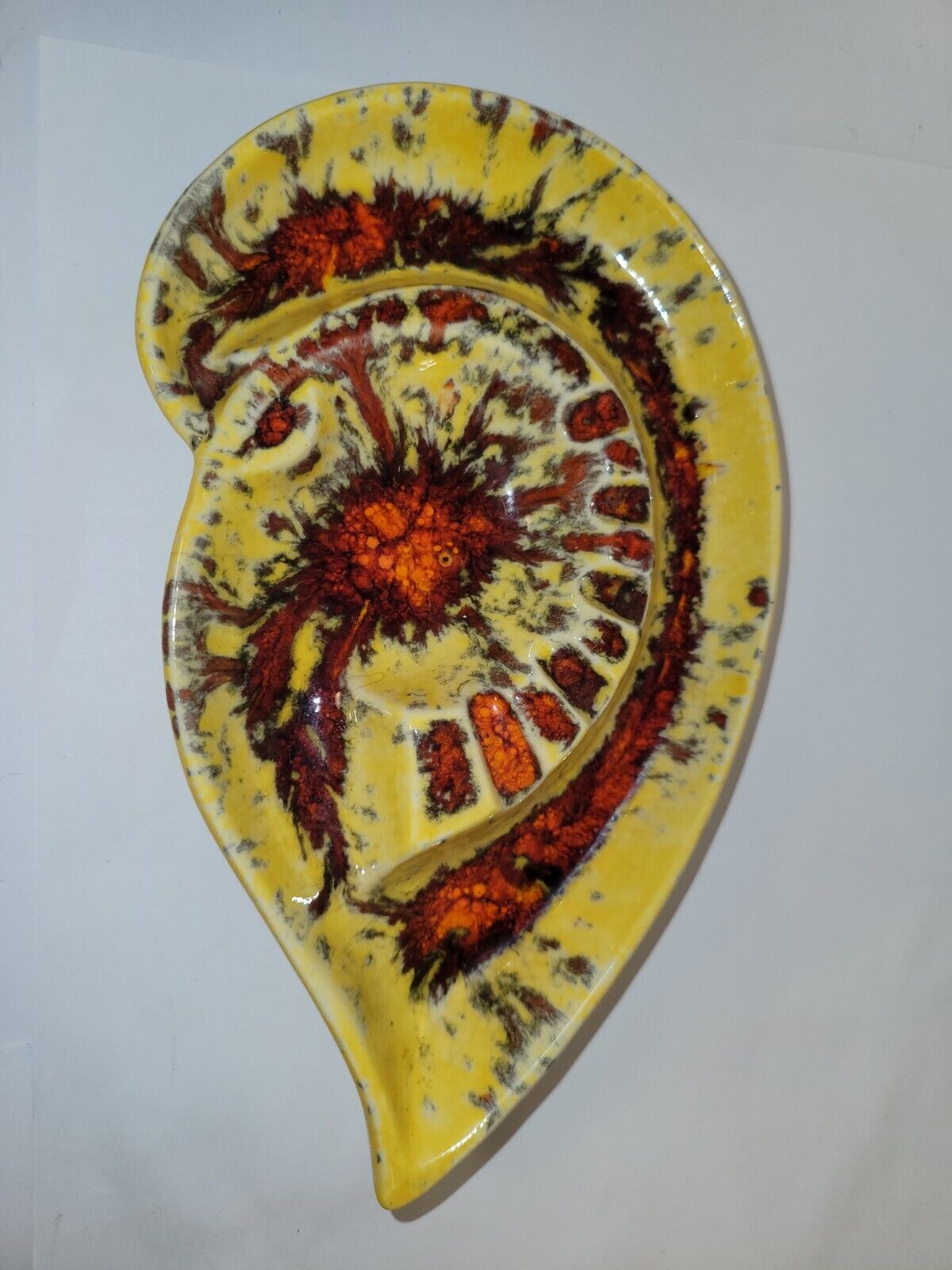 Vtg Retro MCM Ashtray Yellow Orange Brown Drip Glaze Art Pottery Ceramic USA 7.5