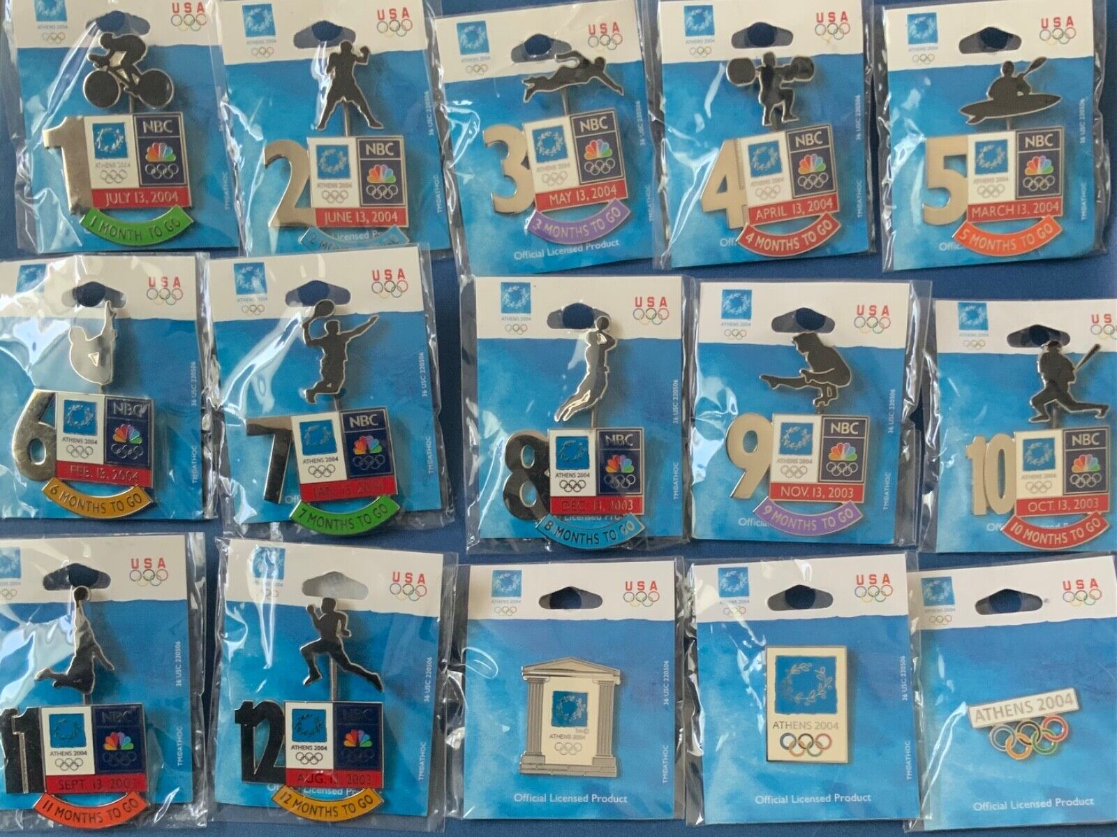 Athens 2004 Olympics rare complete set of NBC 12 months to go spring sports pins