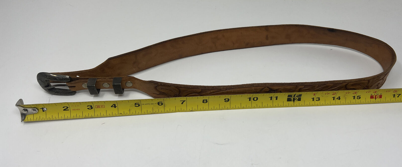 Vintage Leather Tooled Belt w/Don Ricardo Sterling Silver 10k Gold Buckle 36”