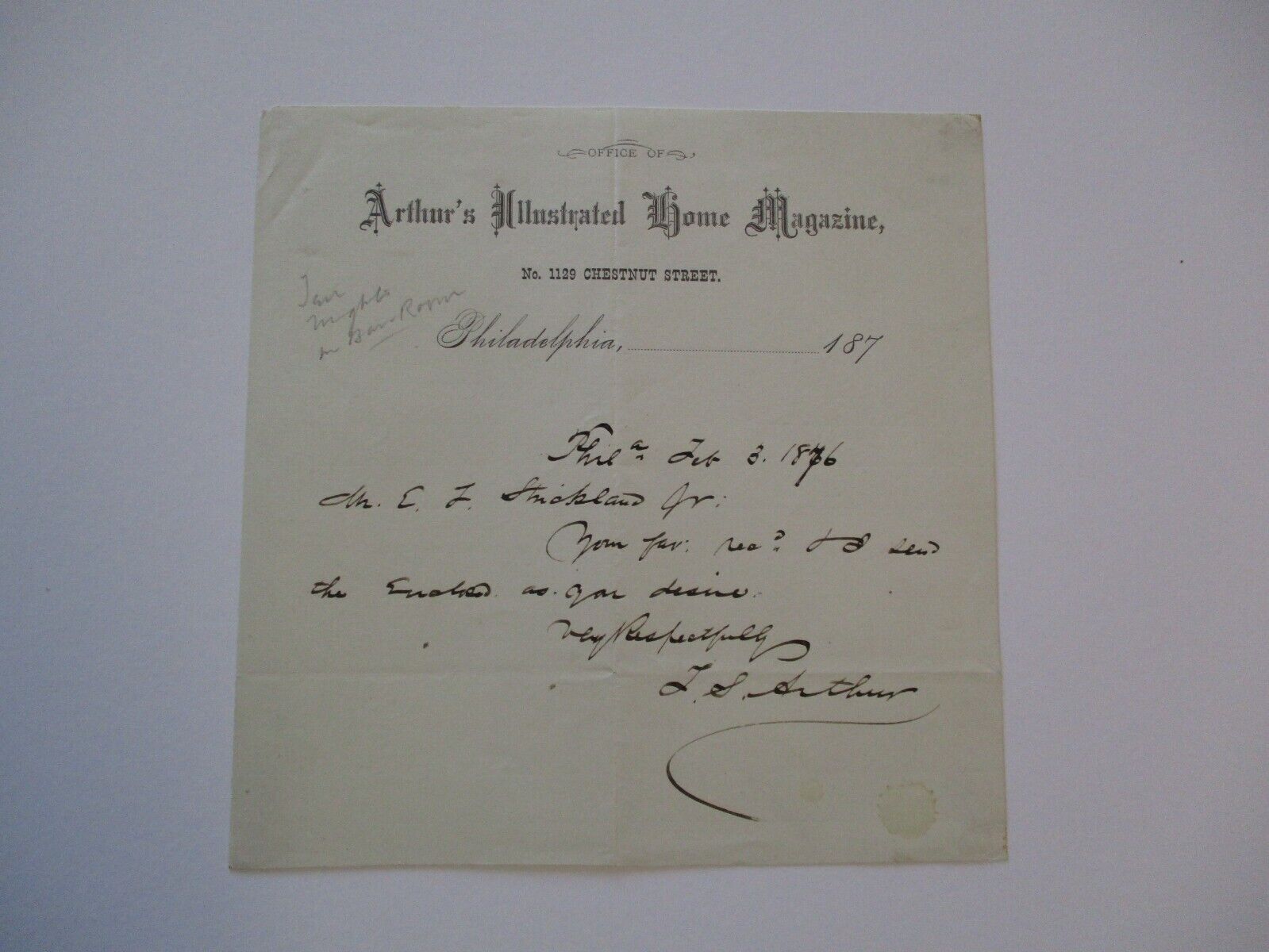 ANTIQUE LETTER BY FROM ARTHUR'S ILLUSTRATED HOME MAGAZINE SIGNED BY ARTHUR 1876