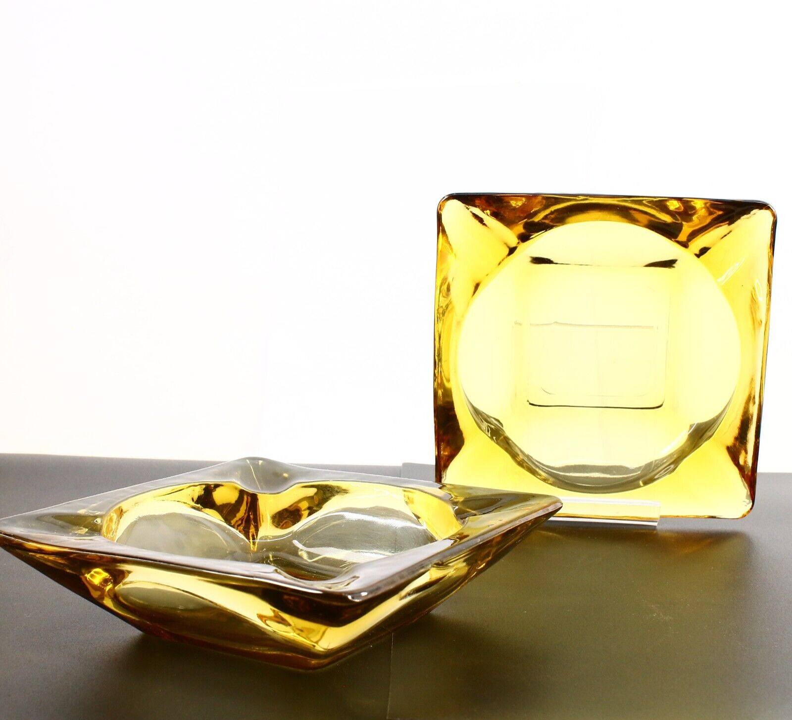 MCM Mid Century Modern Ashtrays Matching Pair ● Amber Glass ● Medium 12cm x 12cm