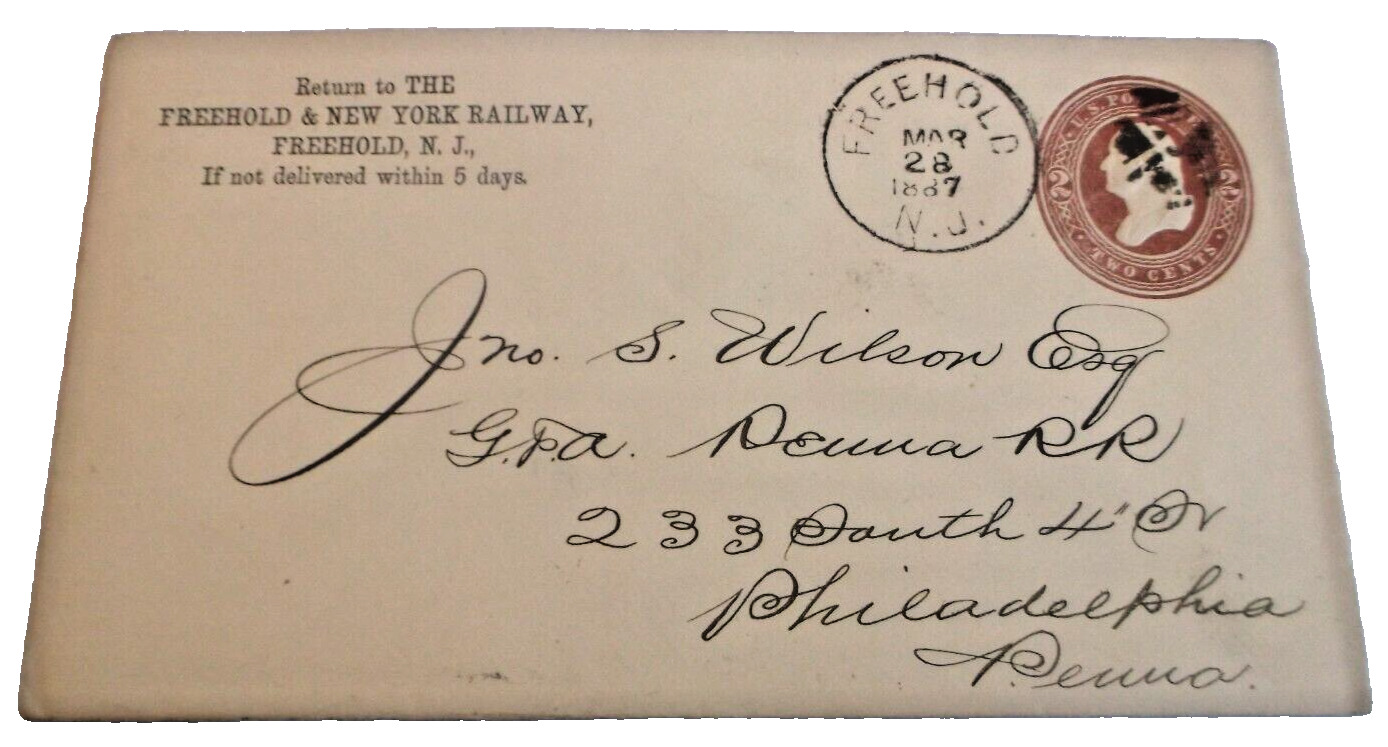 MARCH 1887 FREEHOLD & NEW YORK RAILWAY CNJ USED COMPANY ENVELOPE