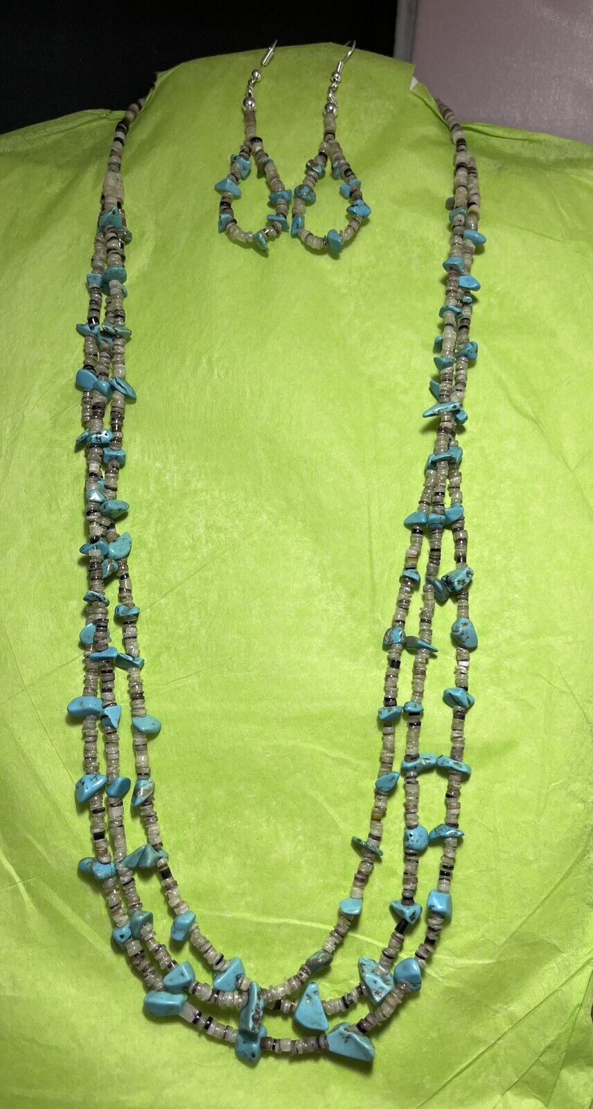 Navajo 3-Strand Turquoise And Heishi Necklace /Earrings Set #748
