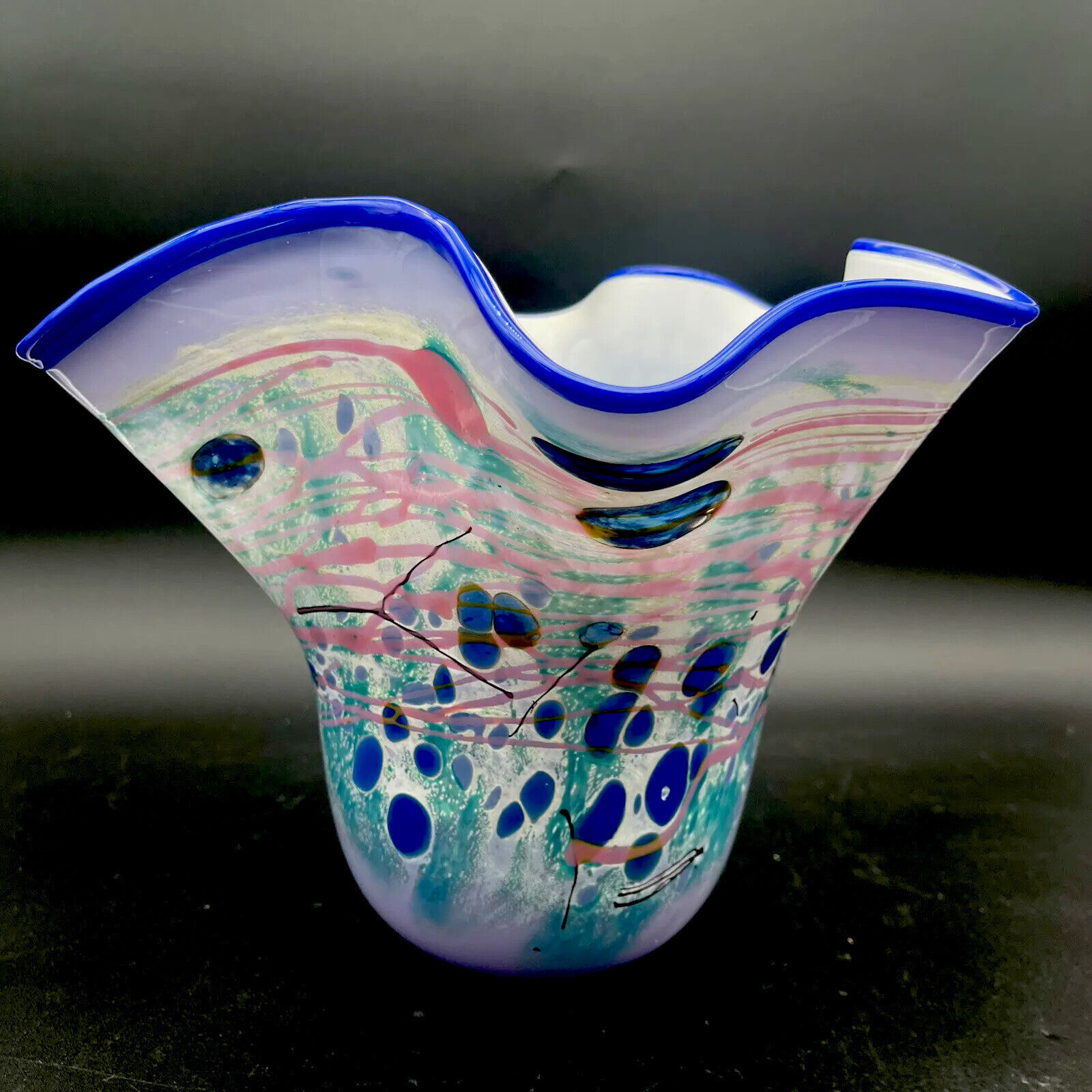 Vintage Murano Glass Vase Colorful Millefiori Swirl Glass Handkerchief Vase 10”