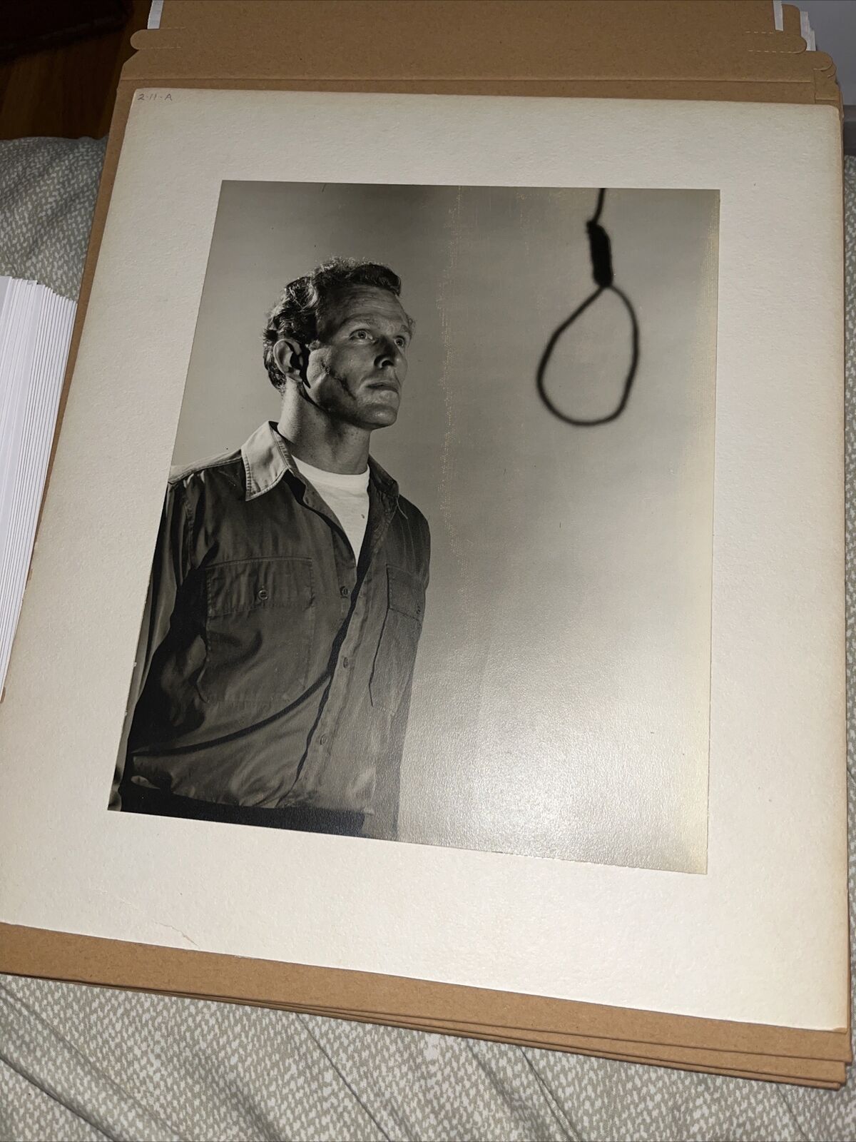 Vintage Mounted Photo: Man Contemplates Suicide, Shadow of A Noose Death Pain