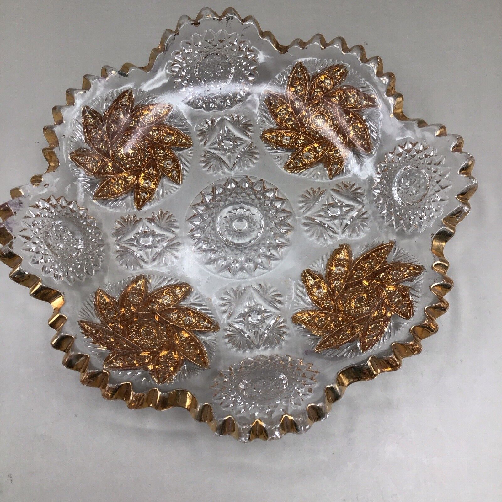 Antique EAPG Paddle Wheel Gold Etched Glass Trinket Dish