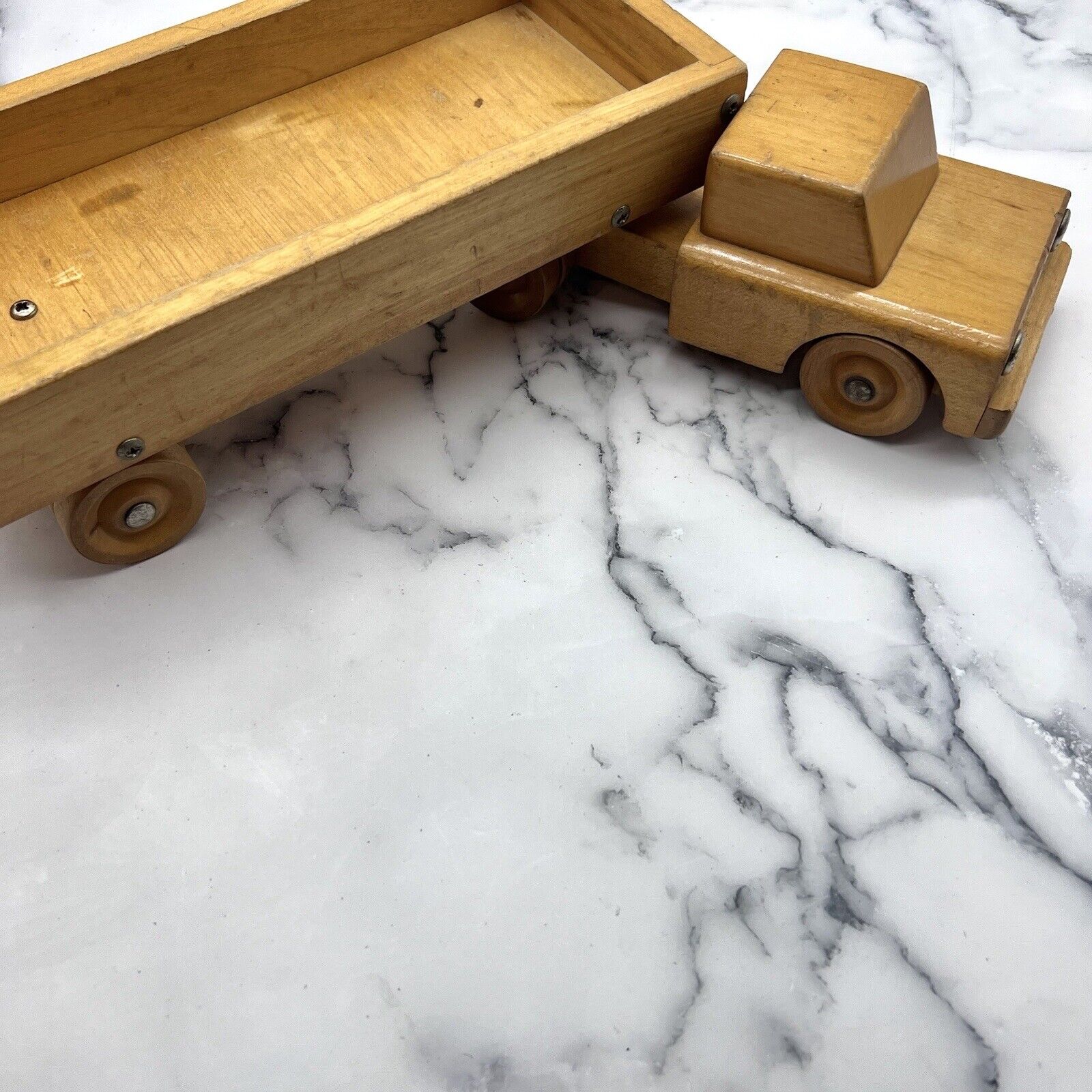 VINTAGE PLAYSKOOL • Small 2 Pc Solid Wood Truck • Cab Hitch Trailer Flatbed