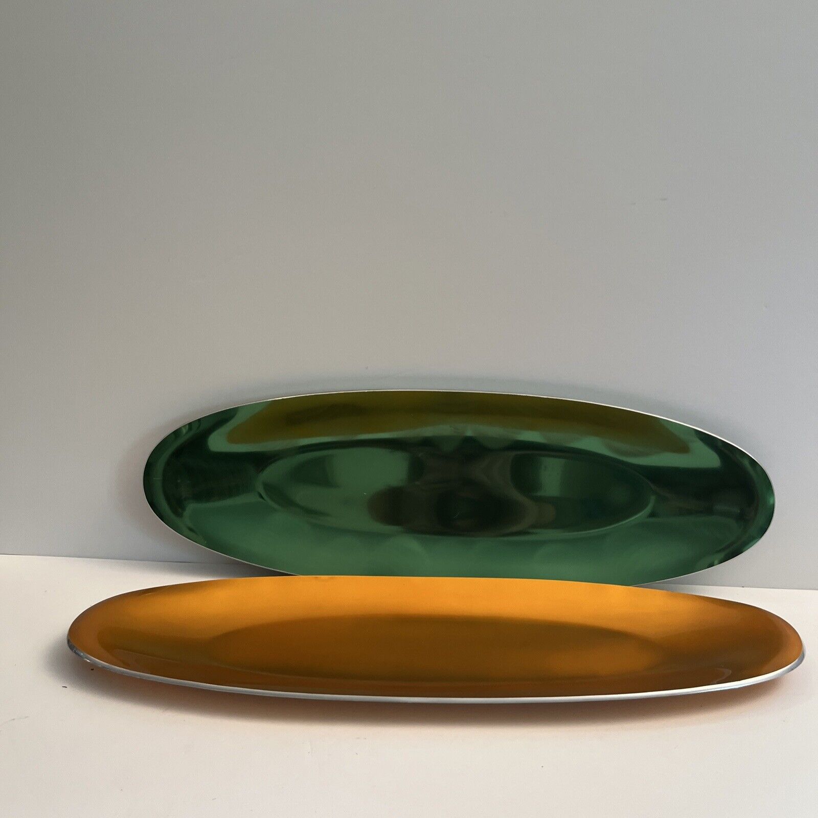 2) Mid-century Danish Modern Emalox Long Elongated Bowl Green & Gold Excellent