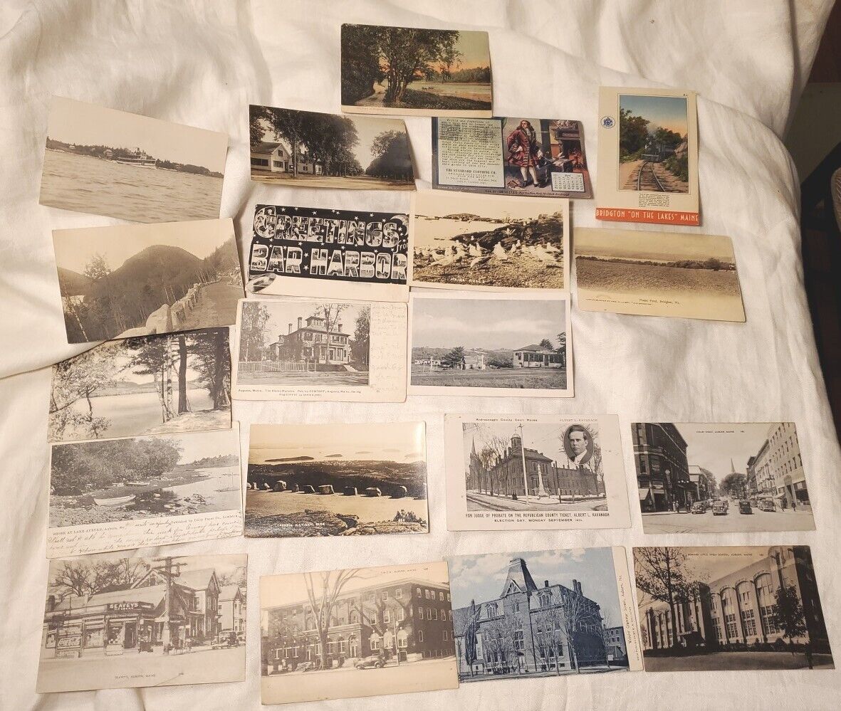 Huge Lot Antique Some RPPC ? Maine ME Postcards 20 Augusta Bar Harbor Bridgton +