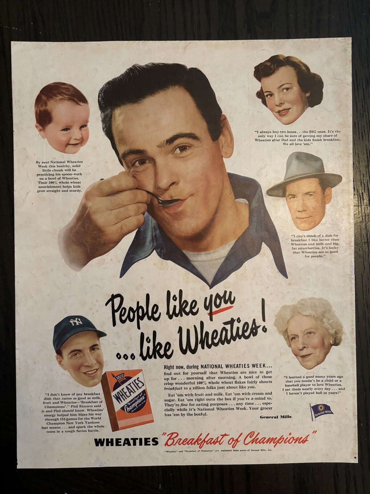 Wheaties Cereal Phil Rizutto NY Yankees Breakfast Champions Vtg Print Ad 1950?