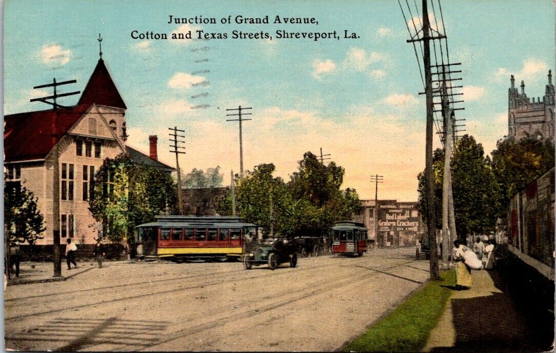 Shreveport LA Junction Grand Ave Cotton Texas St Trolley c1910s postcard BQ3