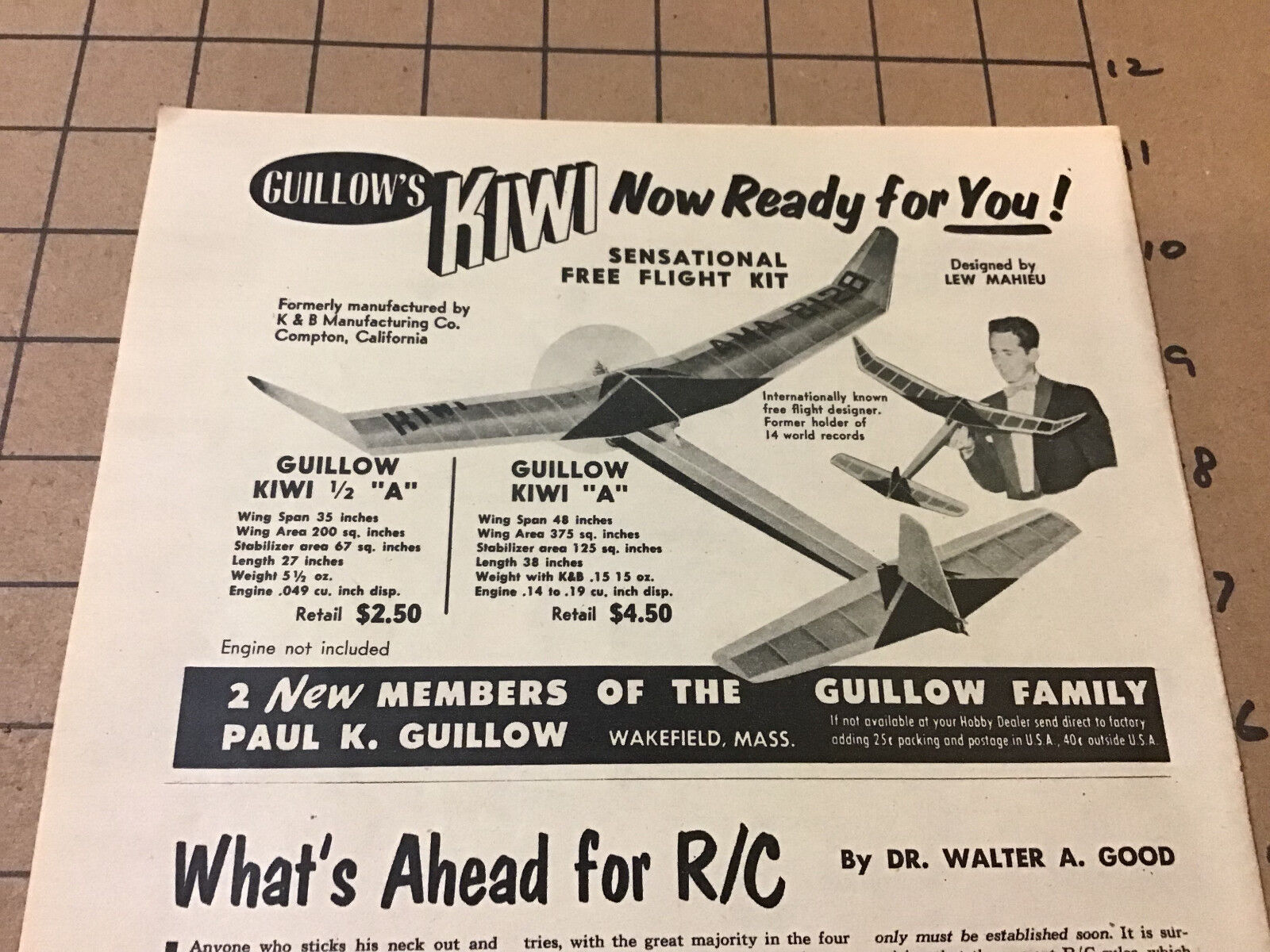 vintage original 1954 ad: GUILLOW\'s KIWI sendational free flight kit \