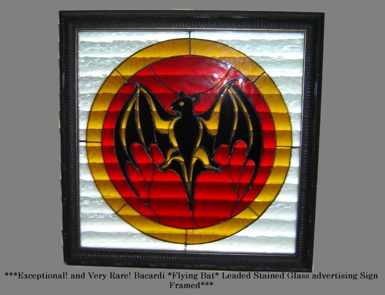 Rare Superb Lg Bacardi Distillery Bat Logo Leaded Stained Glass Advertising Sign