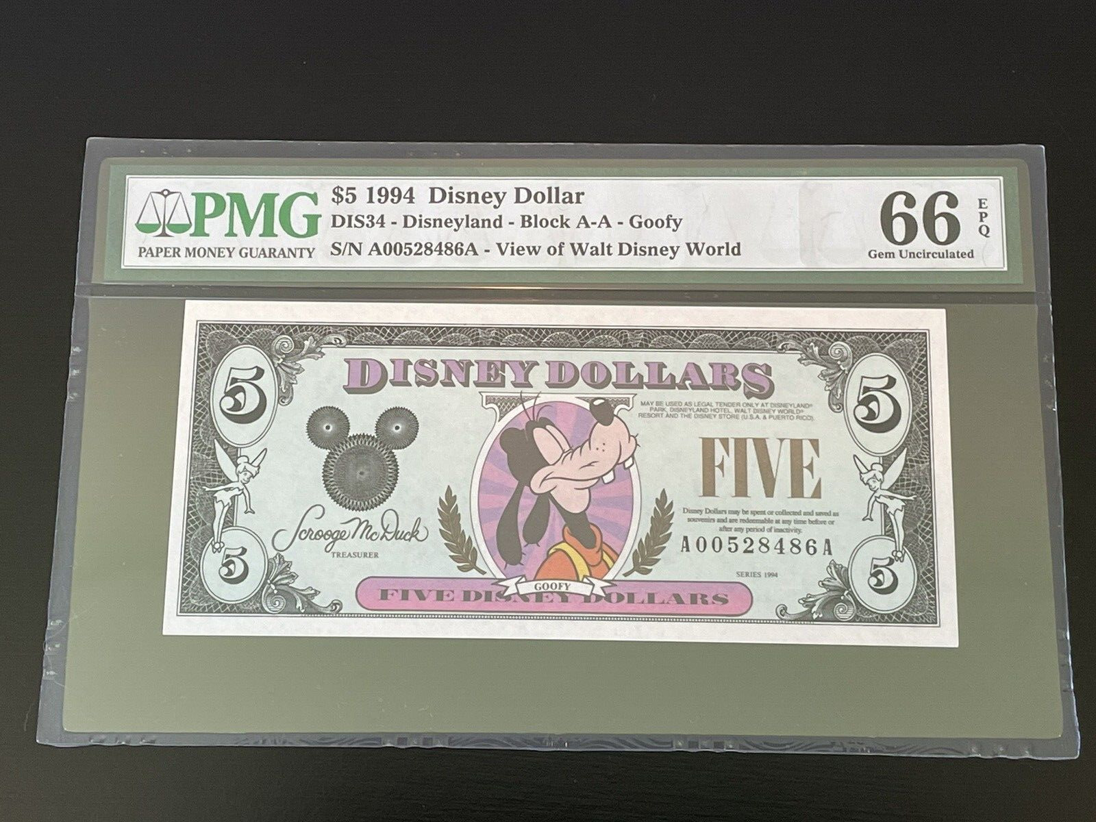 $5 1994 A Disney Dollar GOOFY PMG 66EPQ  DIS34 A00528486A   