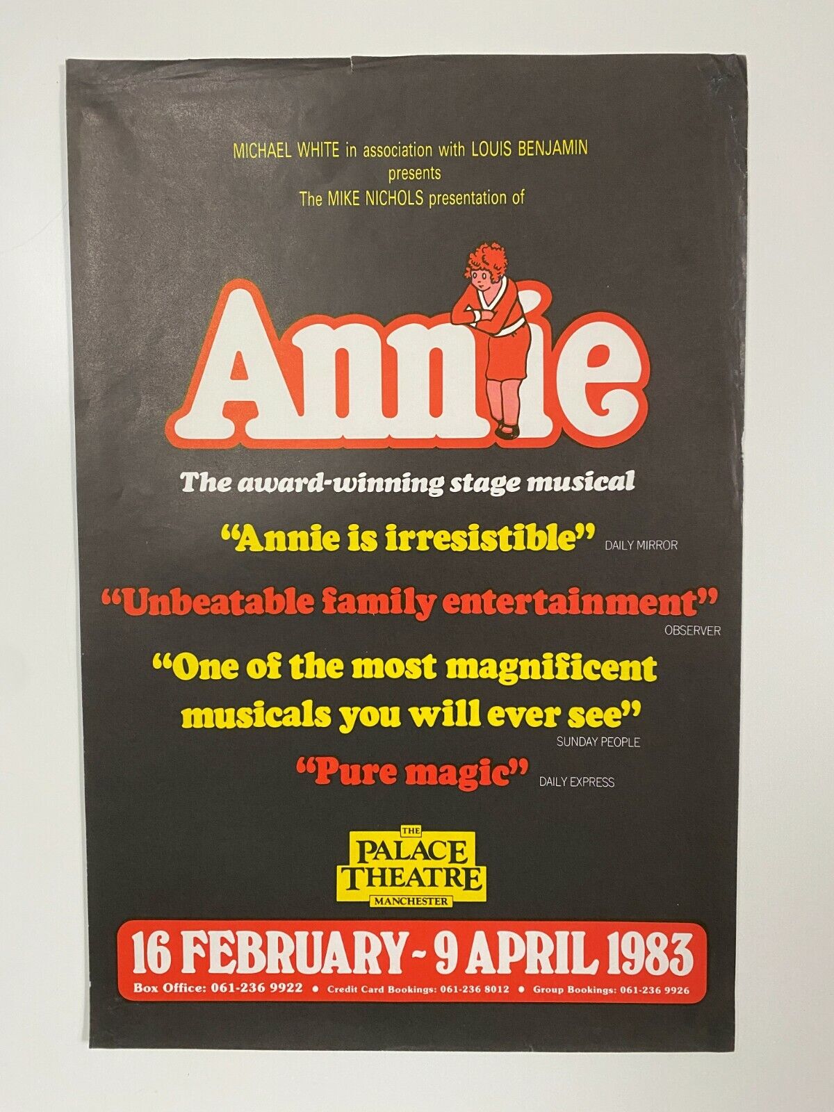 Annie The Palace Theatre Manchester 1983 Window Poster - GC