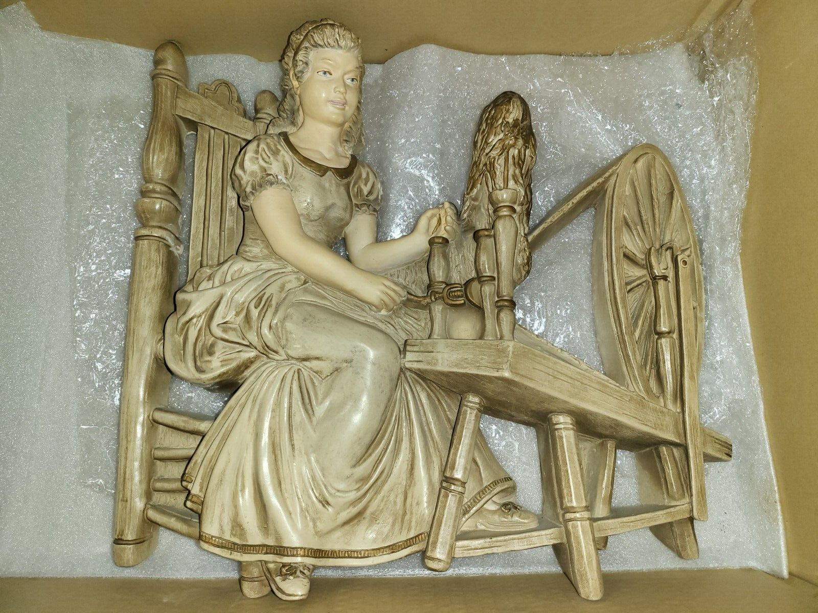 Vintage Universal Statuary Plaster Wall Hanging Woman & Spinning Wheel 16W x 15H