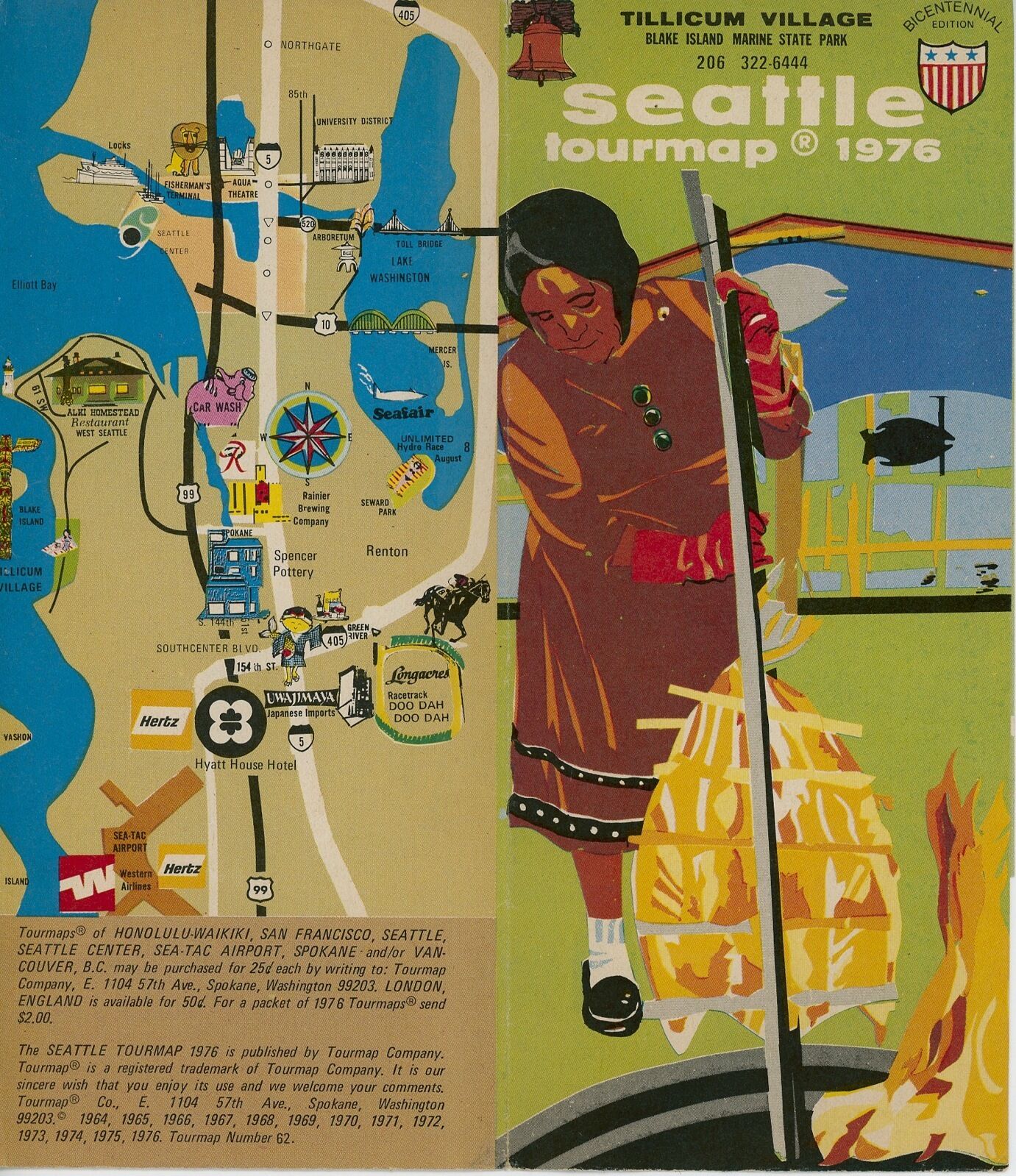 1976 Seattle Tourmap Travel Brochure Street Map Great Graphics Washington WA